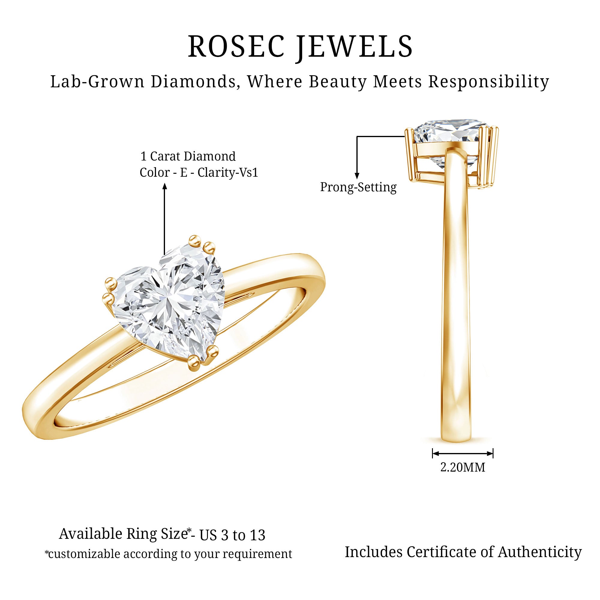 Rosec Jewels-1 Carat Lab Grown Solitaire Diamond Heart Engagement Ring IGI Certified