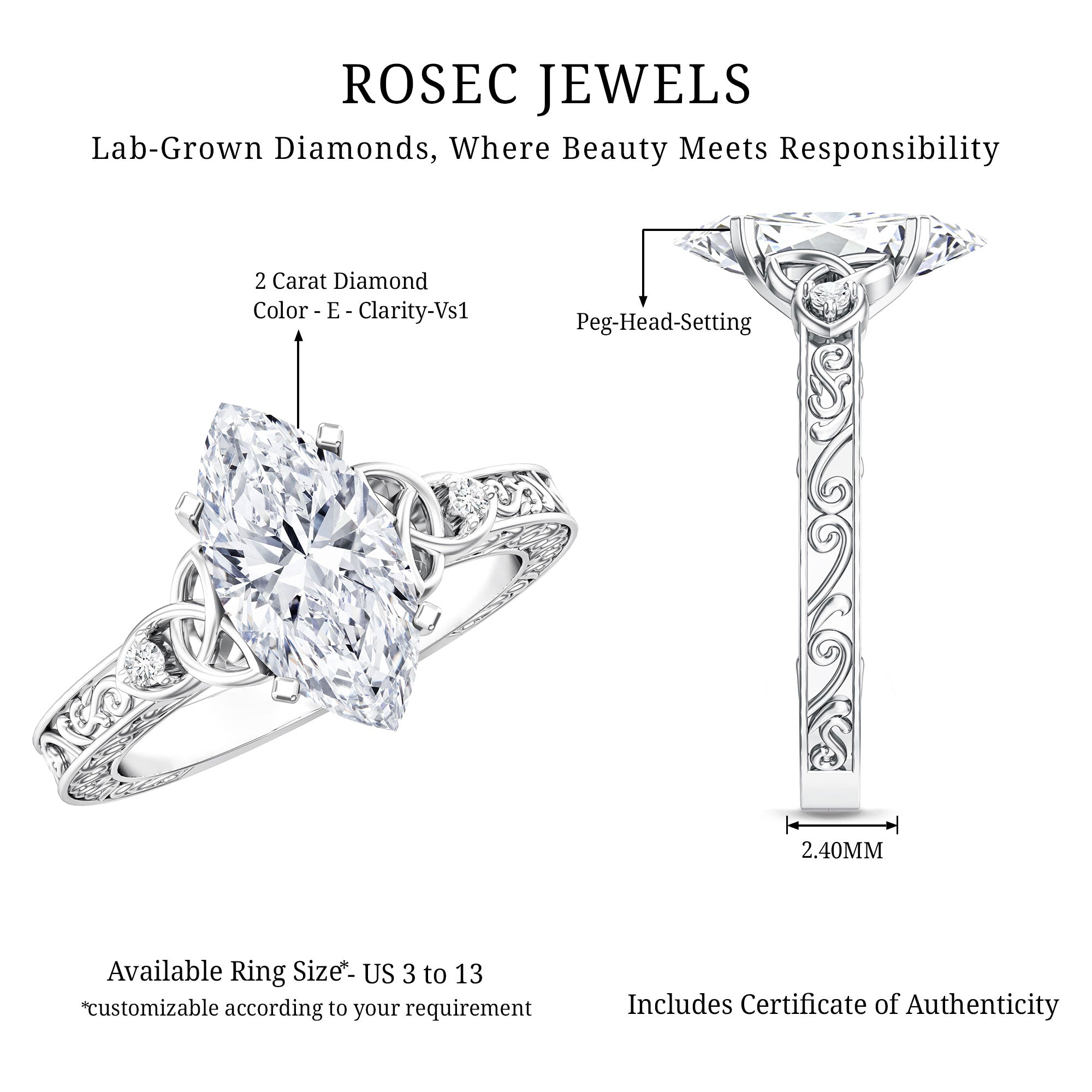 Rosec Jewels-IGI Certified Vintage Inspired Lab Grown Marquise Diamond Celtic Engagement Ring 2 Carat