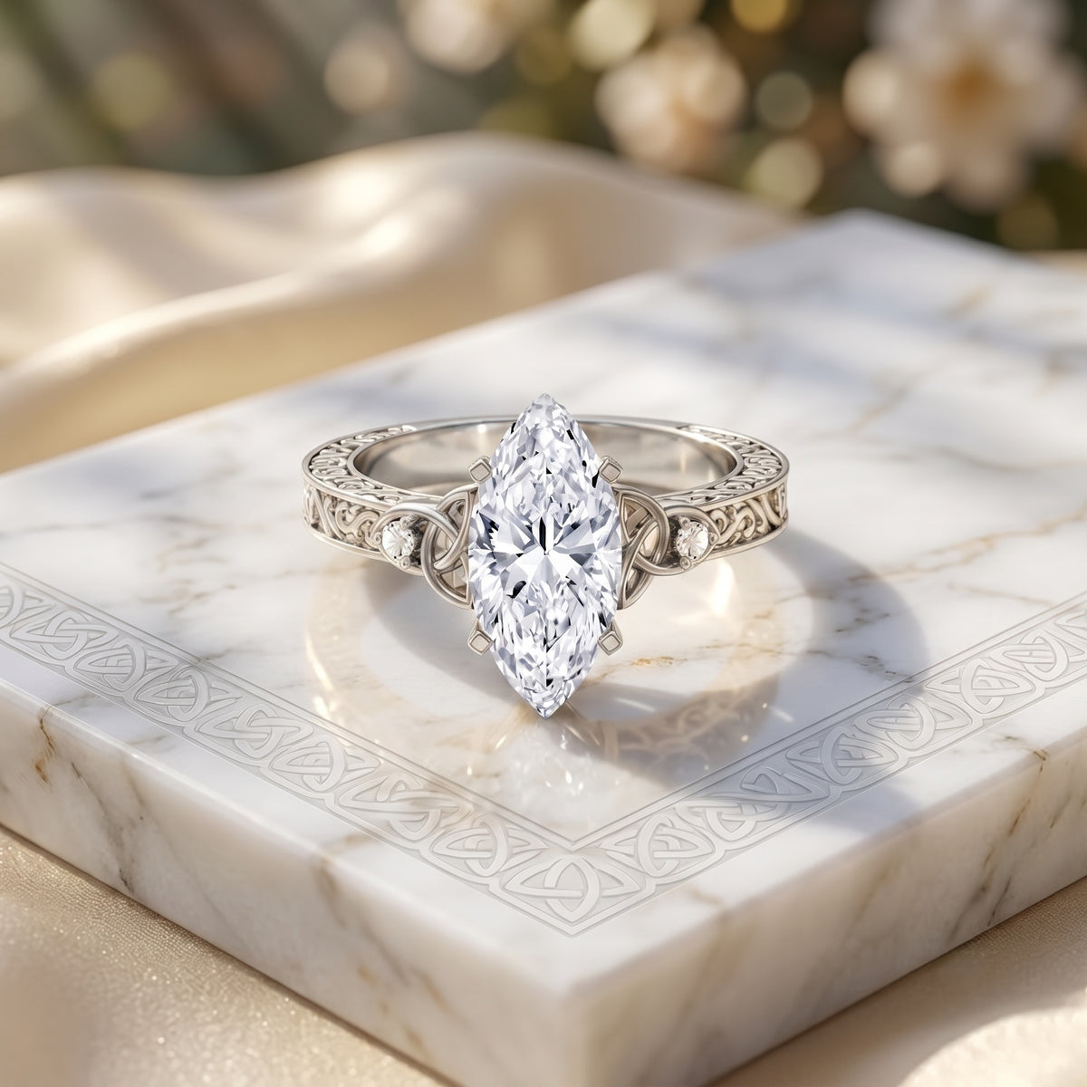 Antique Looking 3 Carat Marquise Lab Diamond Celtic Knot Engagement Ring IGI Certified Lab - ( E-VS1 ) - Rosec Jewels