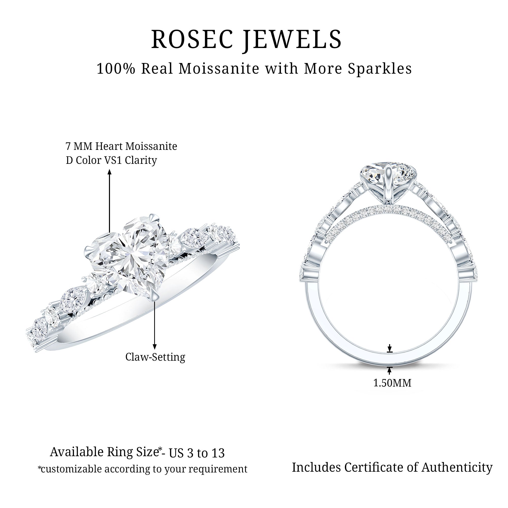 1 Carat Lab Grown Heart Shaped Diamond Designer Engagement Ring IGI Certified Lab - ( E-VS1 ) - Rosec Jewels