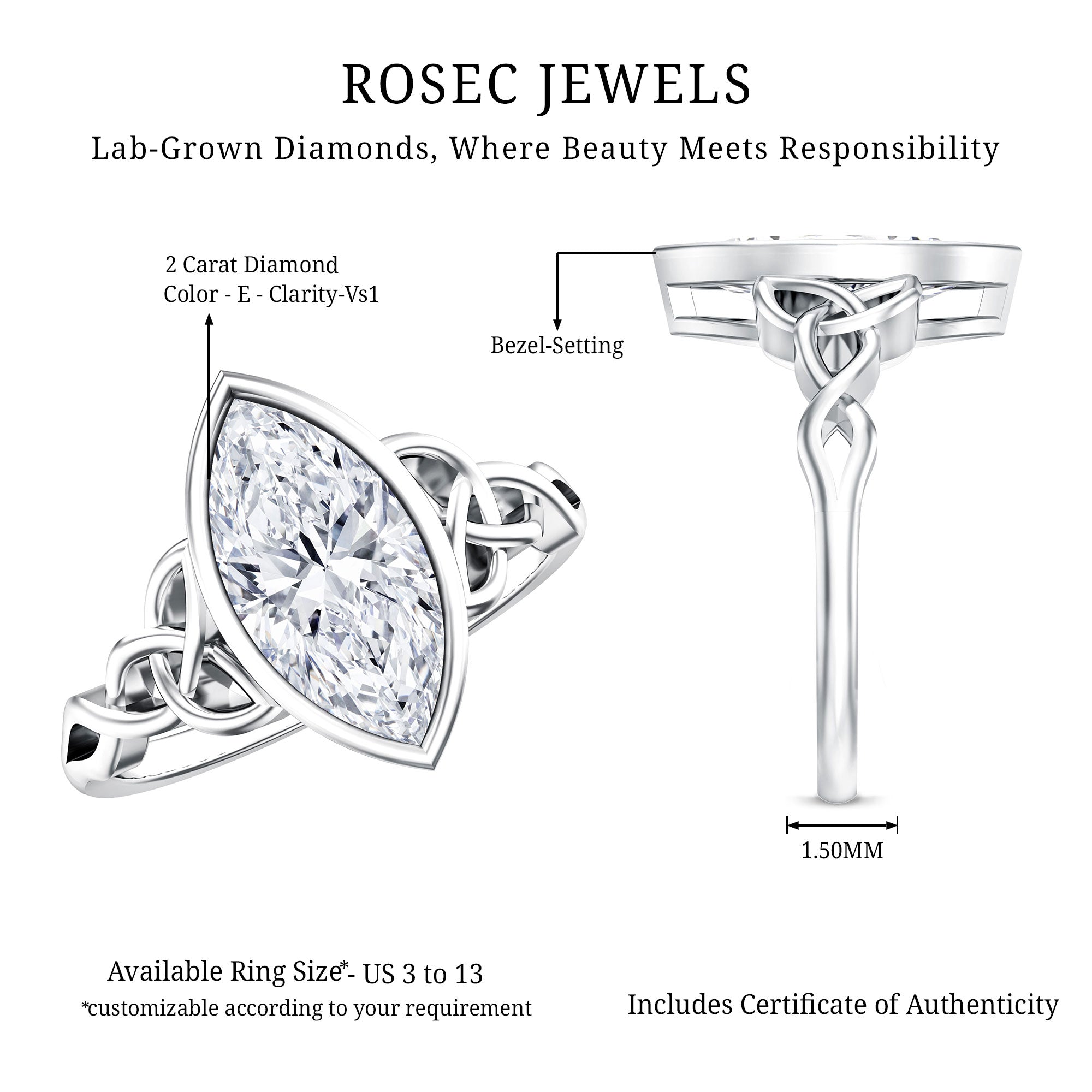 Rosec Jewels-Solitaire Marquise Cut 2 Carat Lab Grown Diamond Celtic Engagement Ring IGI Certified