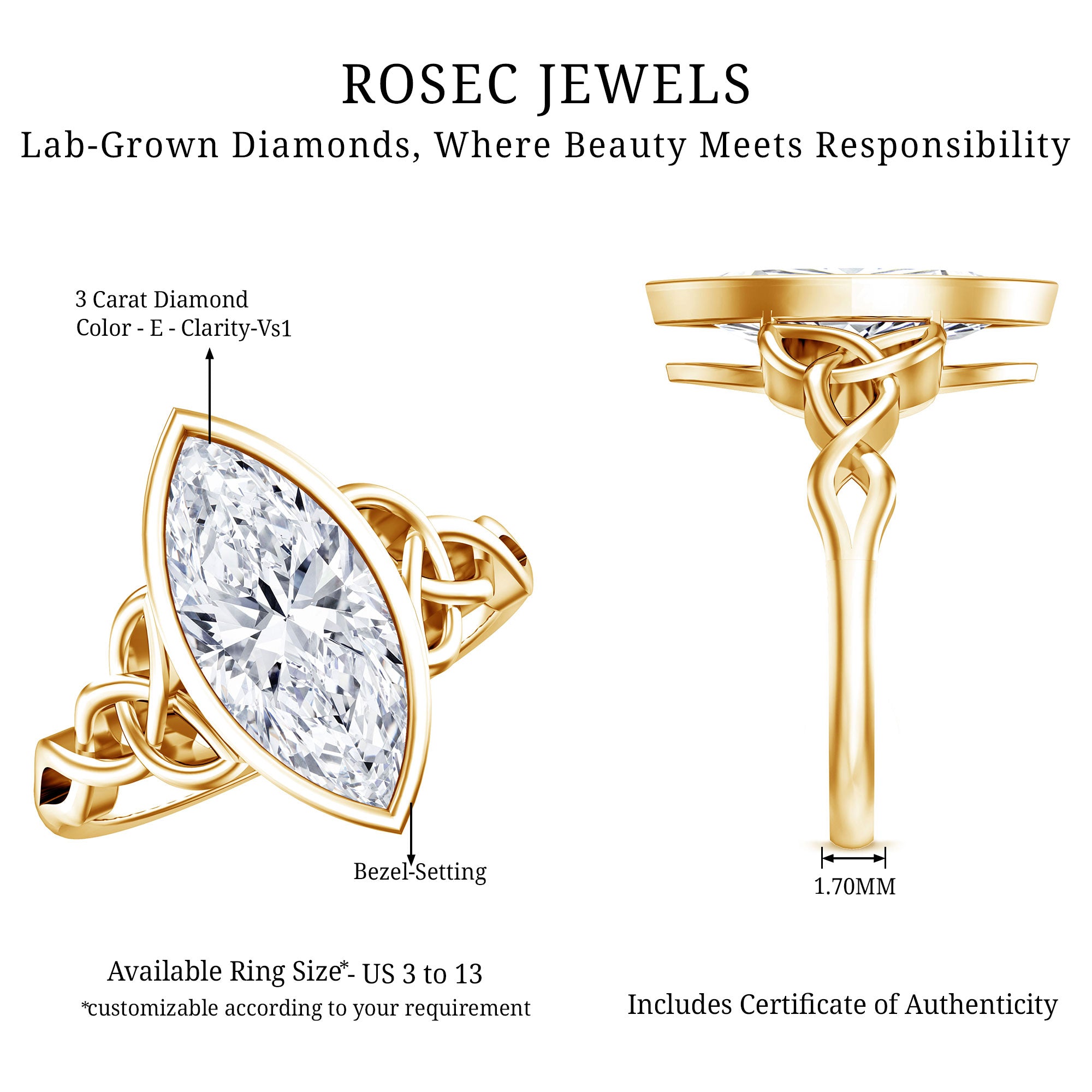 Rosec Jewels-Bezel Set Marquise Lab Created Diamond Celtic Engagement Ring 3 Carat IGI Certified
