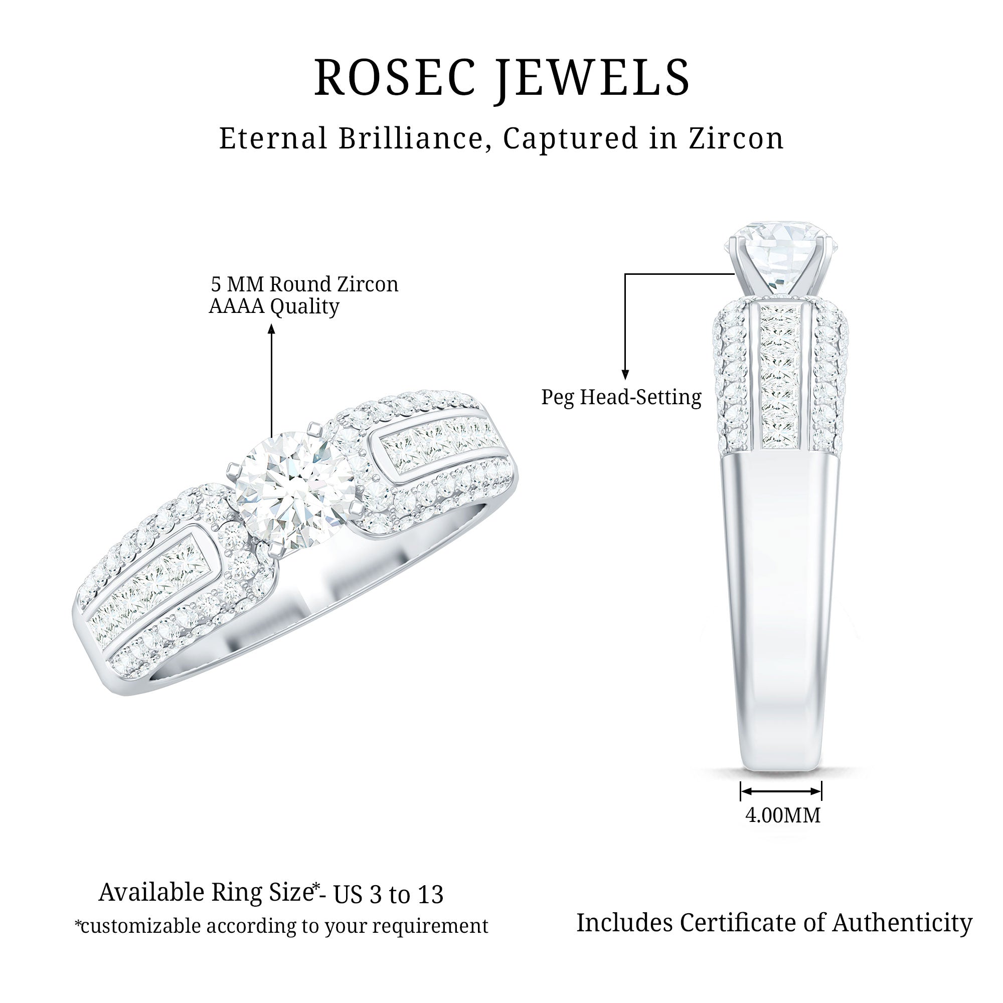 Rosec Jewels-1.75 CT Cubic Zircon Statement Engagement Ring