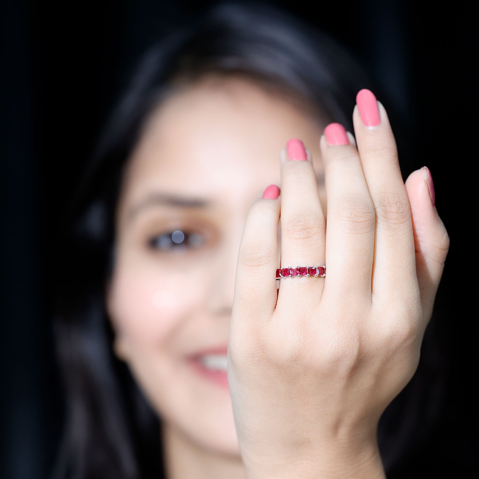 Rosec Jewels-Princess Cut Lab Grown Ruby Eternity Wedding Band for Women