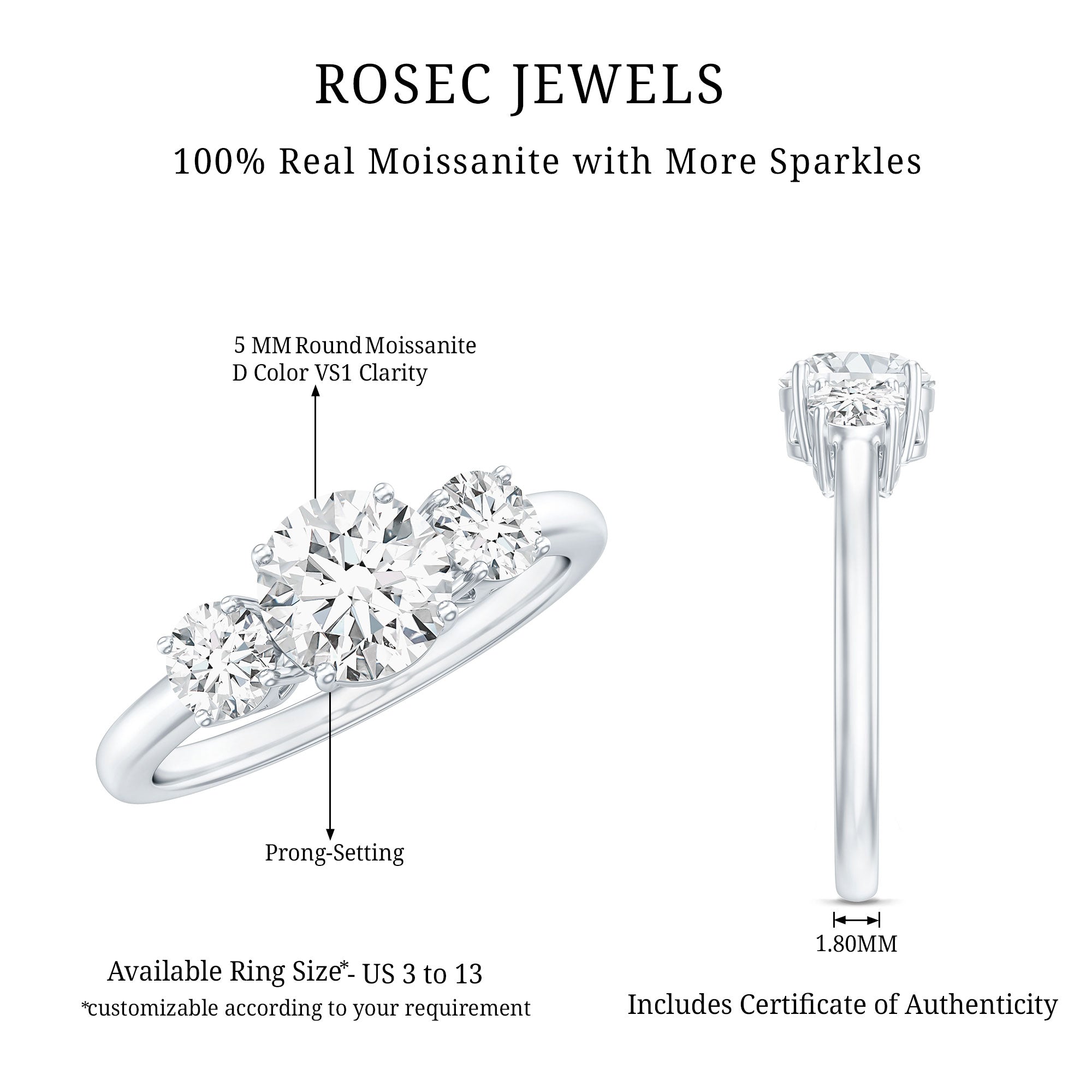 Certified Moissanite 3 Stone Engagement Ring D-VS1 - Rosec Jewels