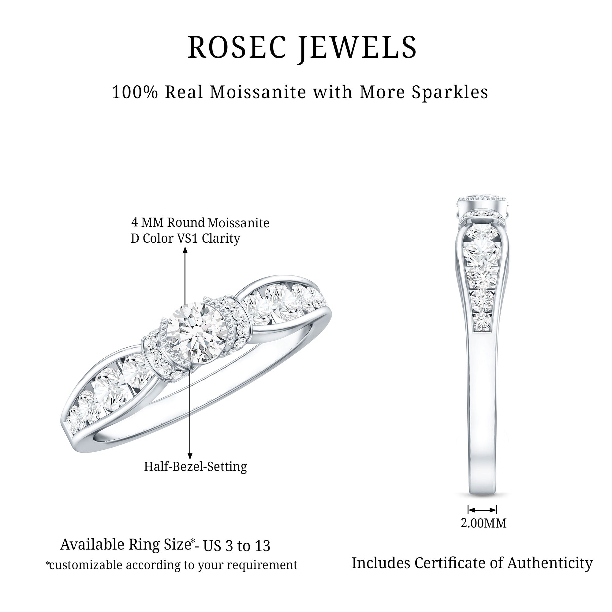 Vintage Style Moissanite Engagement Ring for Women D-VS1 - Rosec Jewels