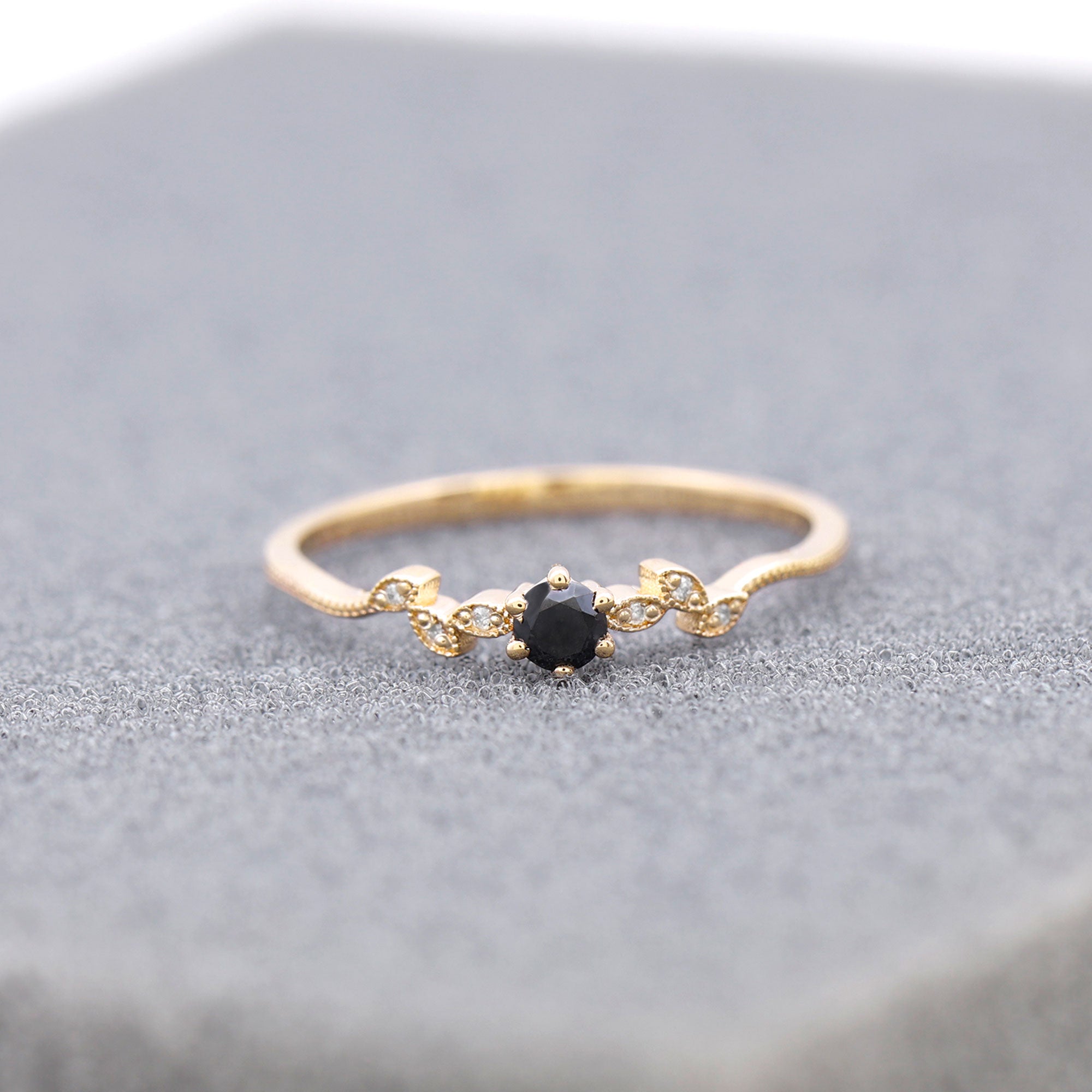 Round Black and White Diamond Minimal Leaf Ring Black Diamond - ( AAA ) - Quality - Rosec Jewels