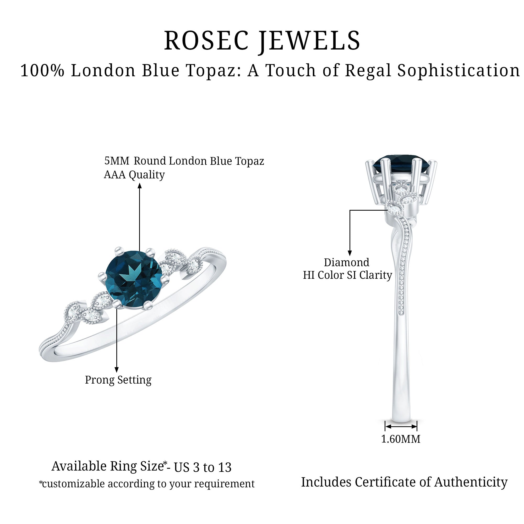 5mm Round London Blue Topaz Commitment Ring with Diamond AAA - Rosec Jewels