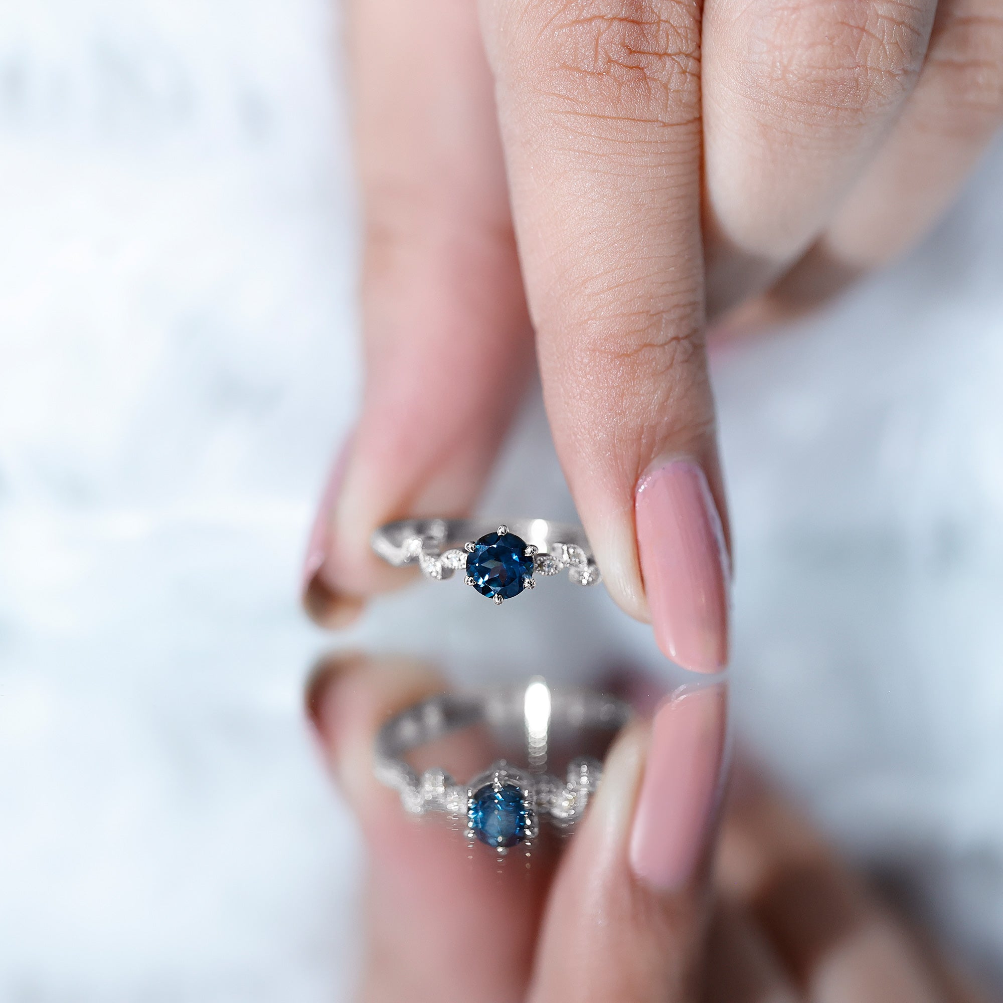 5mm Round London Blue Topaz Commitment Ring with Diamond AAA - Rosec Jewels