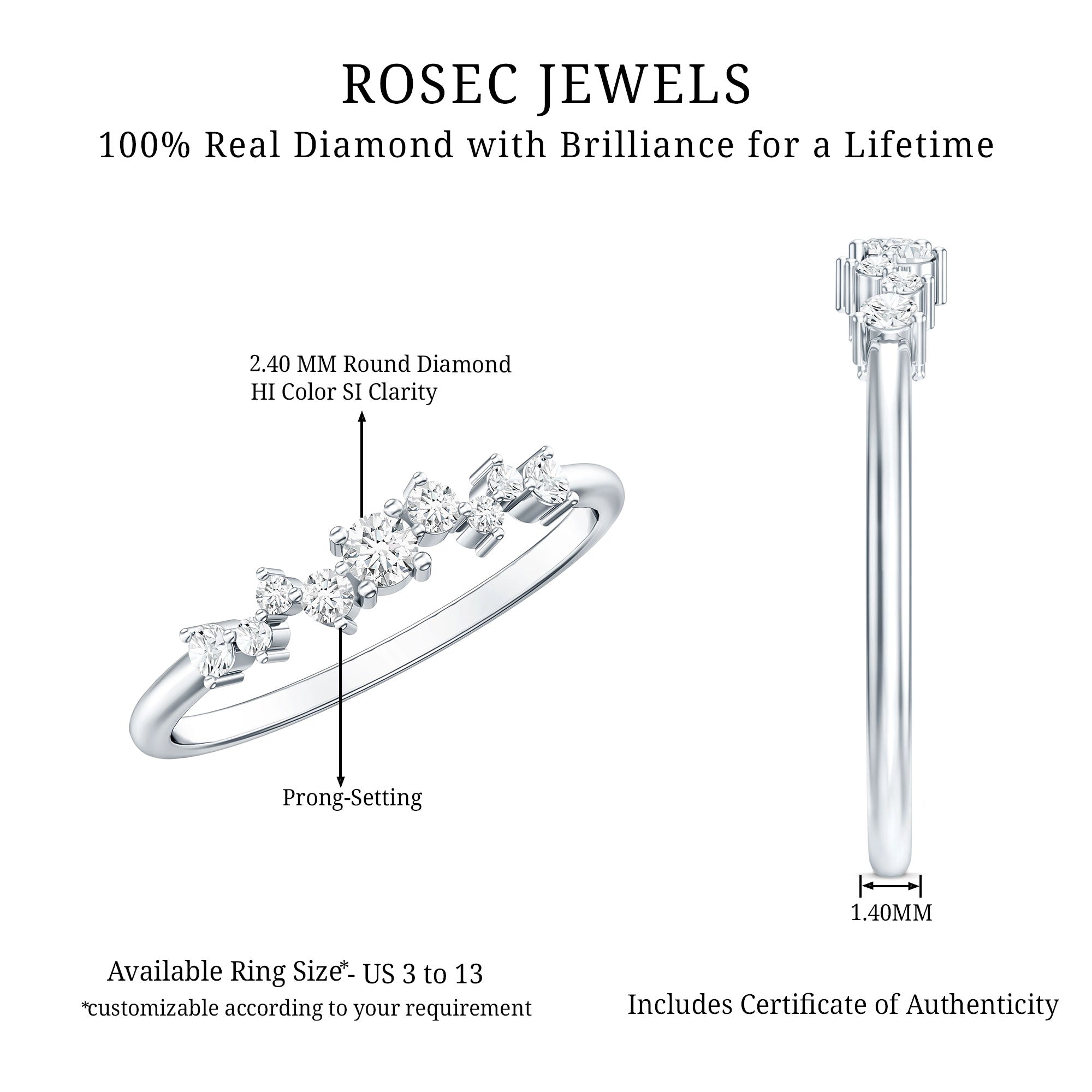 Brilliant Cut Diamond Wedding Band for Women Natural - ( HI-SI ) - Rosec Jewels