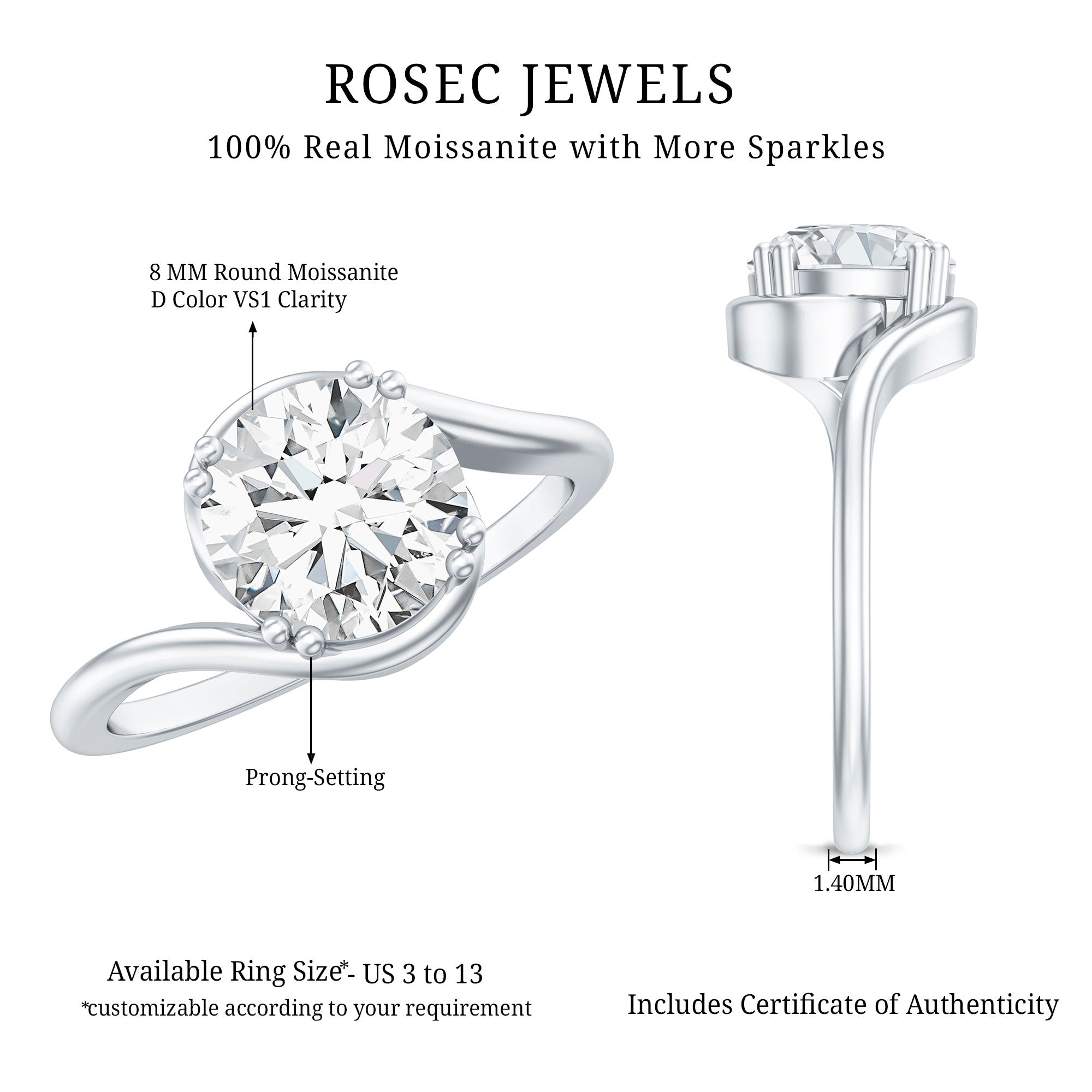 2 Carat Round Moissanite Bypass Engagement Ring D-VS1 - Rosec Jewels