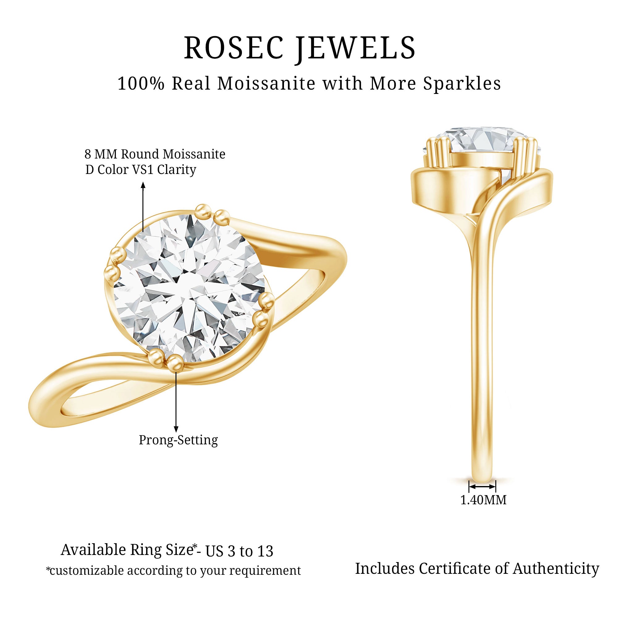 2 Carat Round Moissanite Bypass Engagement Ring D-VS1 - Rosec Jewels