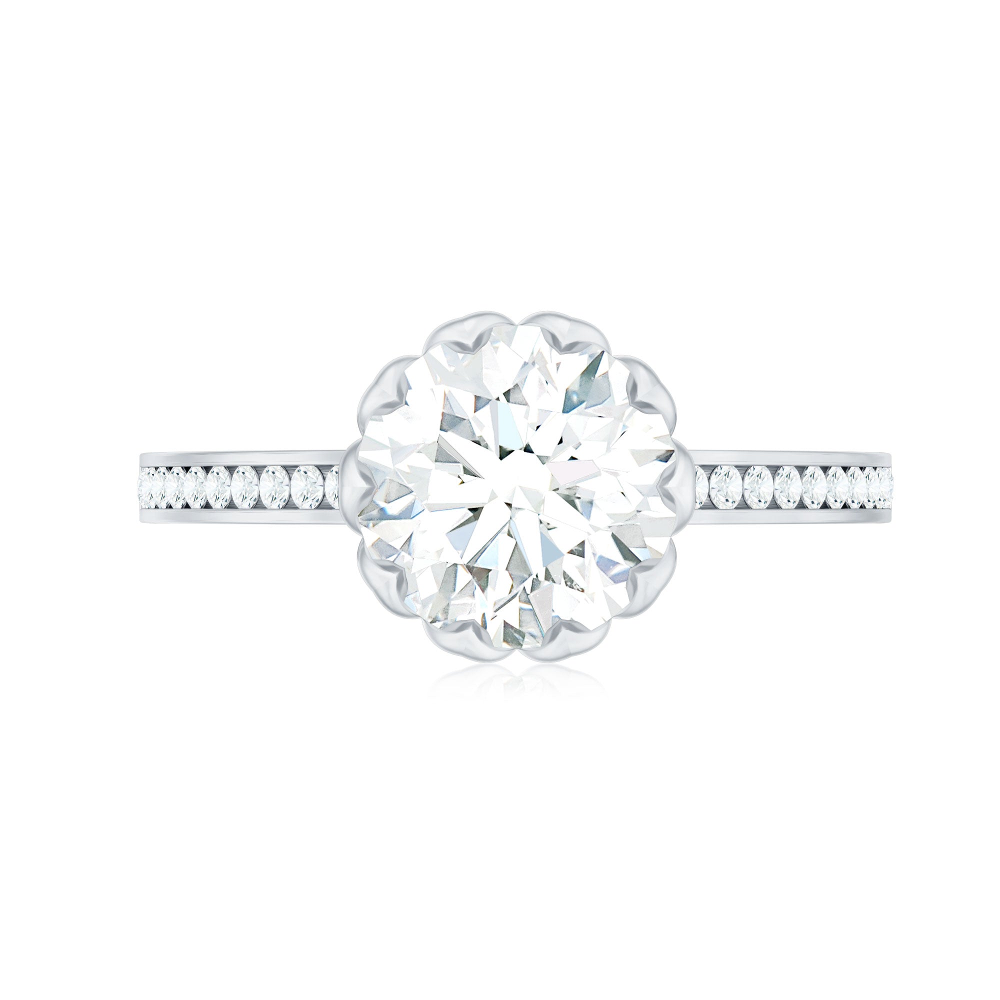 Round Moissanite Lotus Engagement Ring with Side Stones D-VS1 - Rosec Jewels