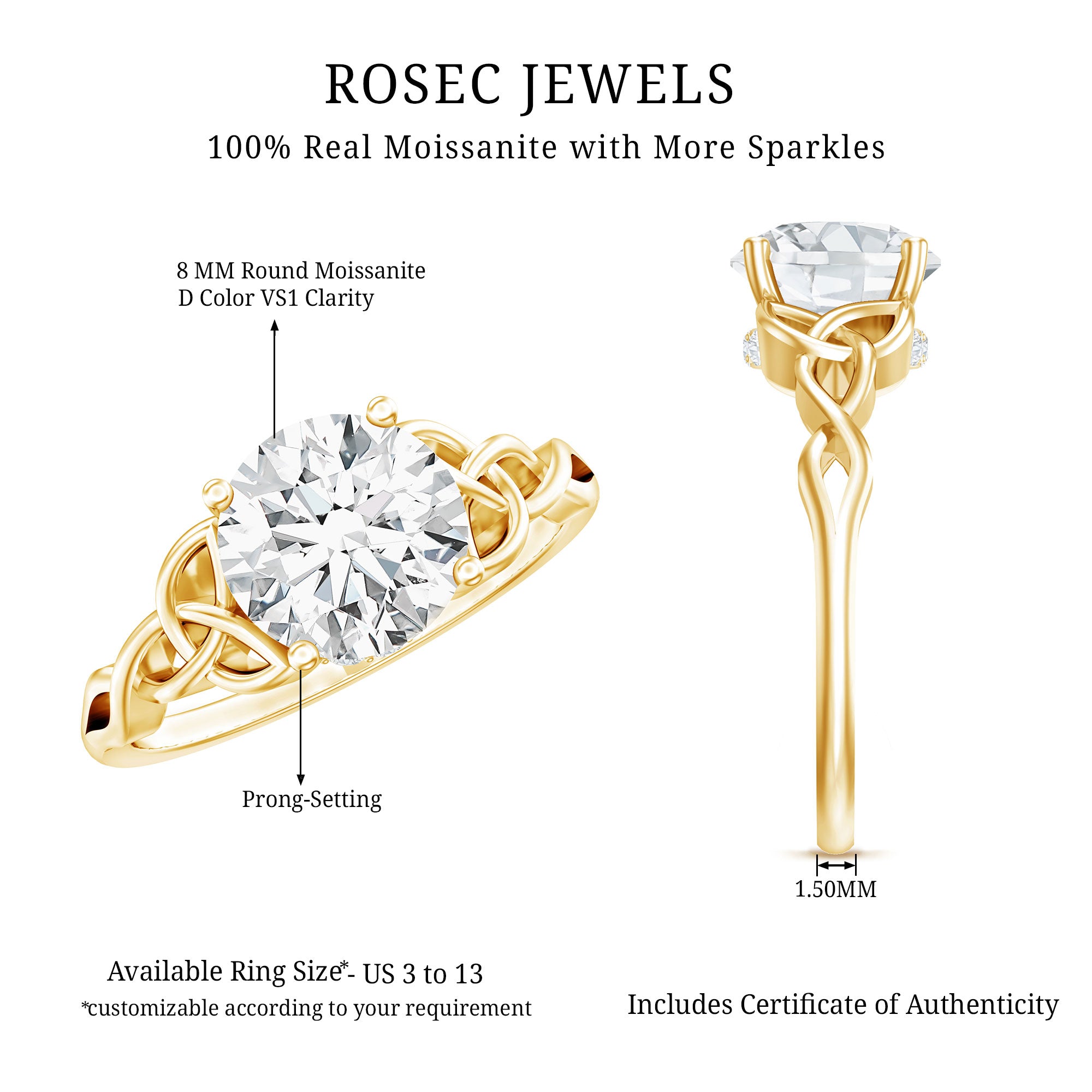 Round Moissanite Solitaire Engagement Ring with Celtic Details D-VS1 - Rosec Jewels