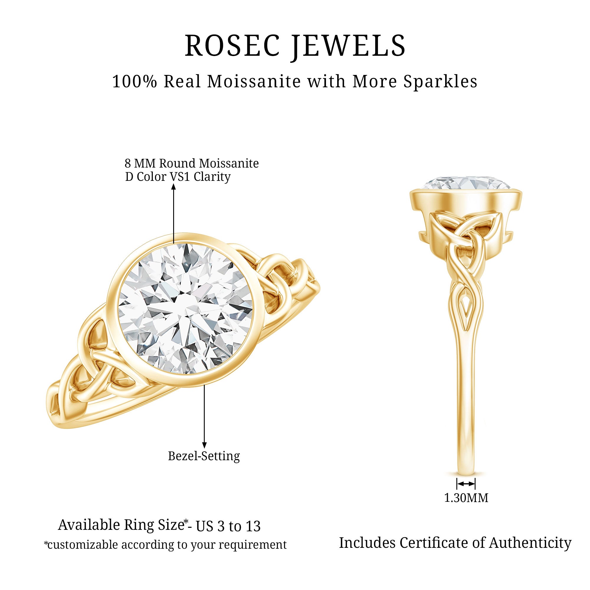 Rosec Jewels-Solitaire Moissanite Celtic Knot Engagement Ring in Bezel Setting