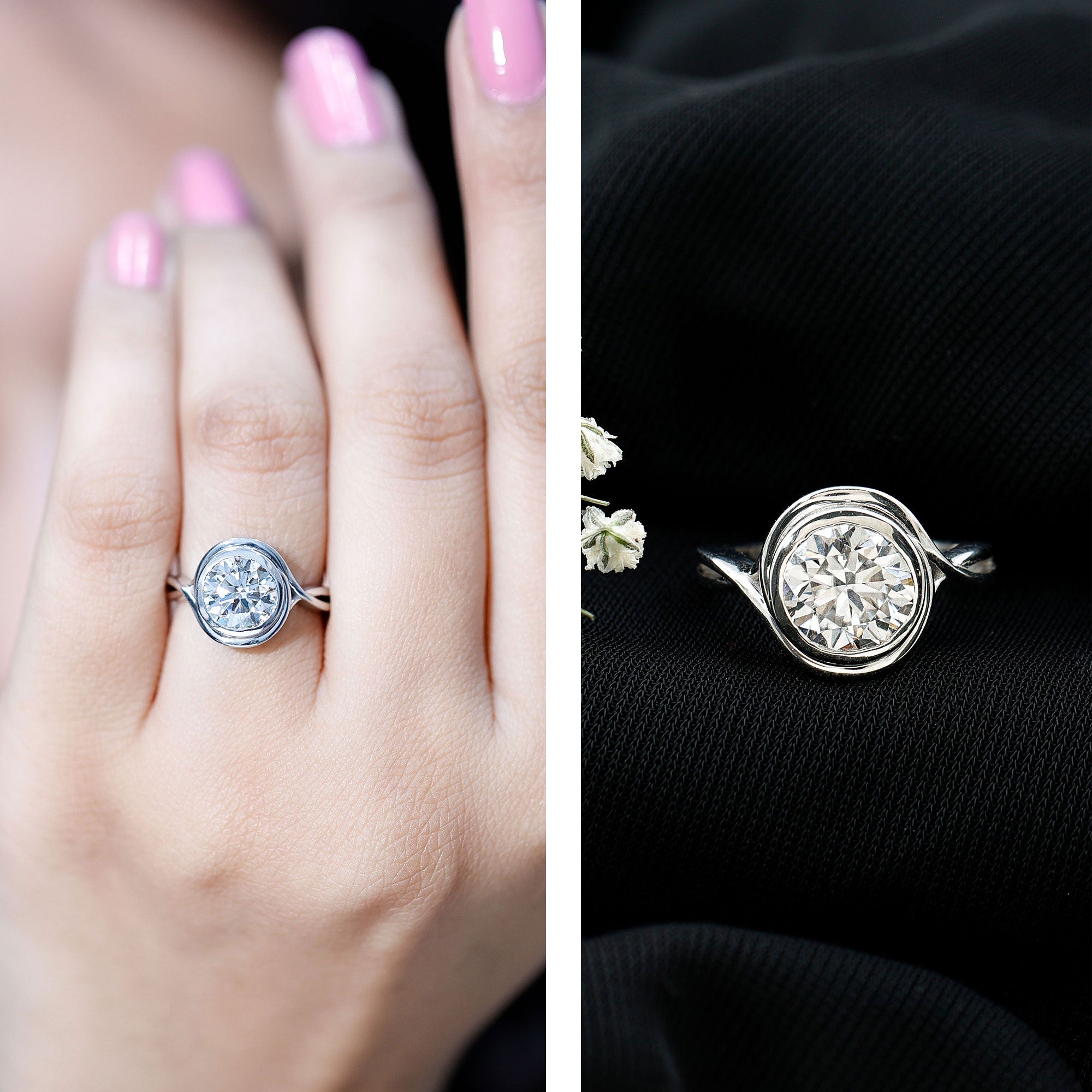 Rosec Jewels-Certified Moissanite Bezel Set Engagement Ring with Crossover Shank