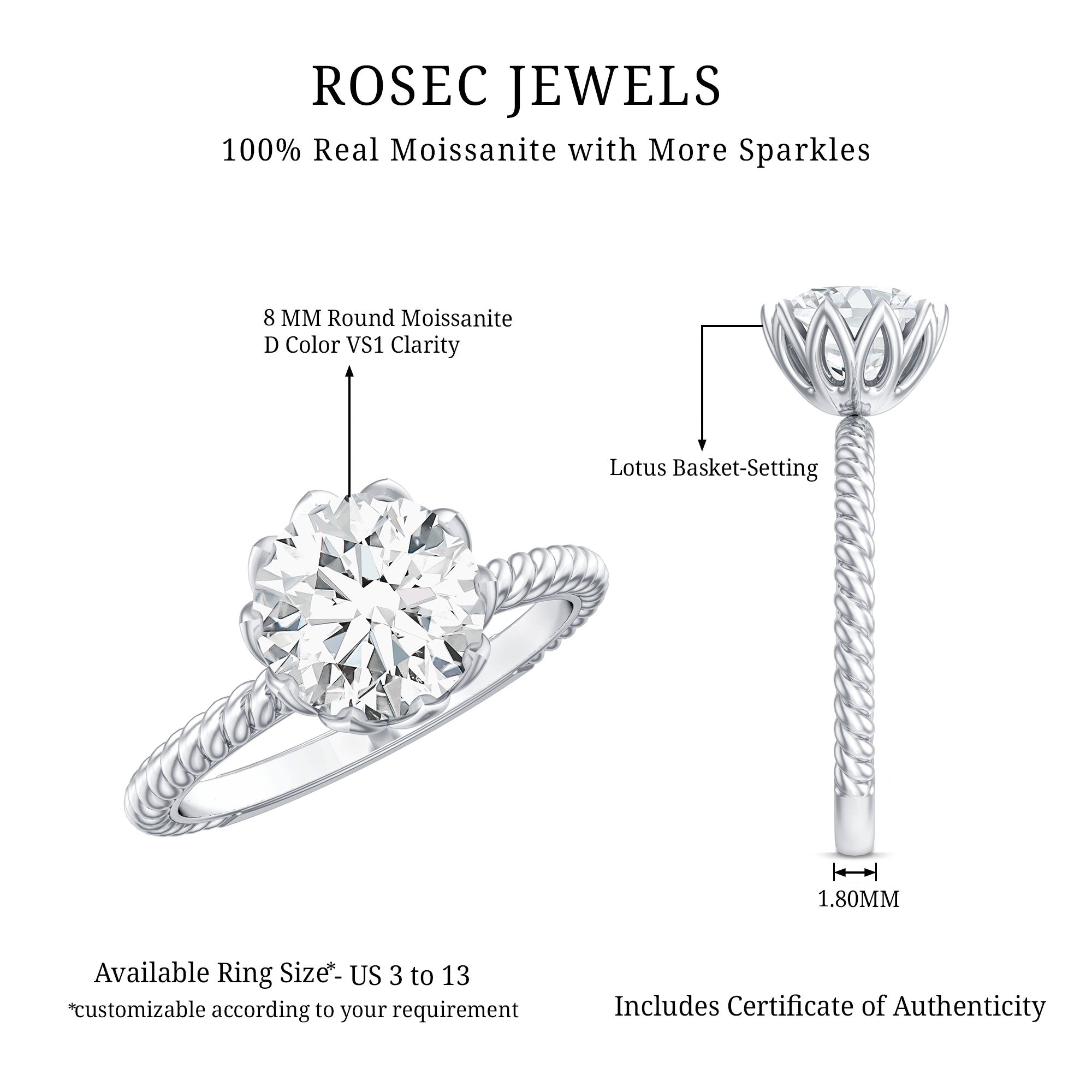 2 CT Moissanite Engagement Ring with Twisted Rope Band D-VS1 - Rosec Jewels