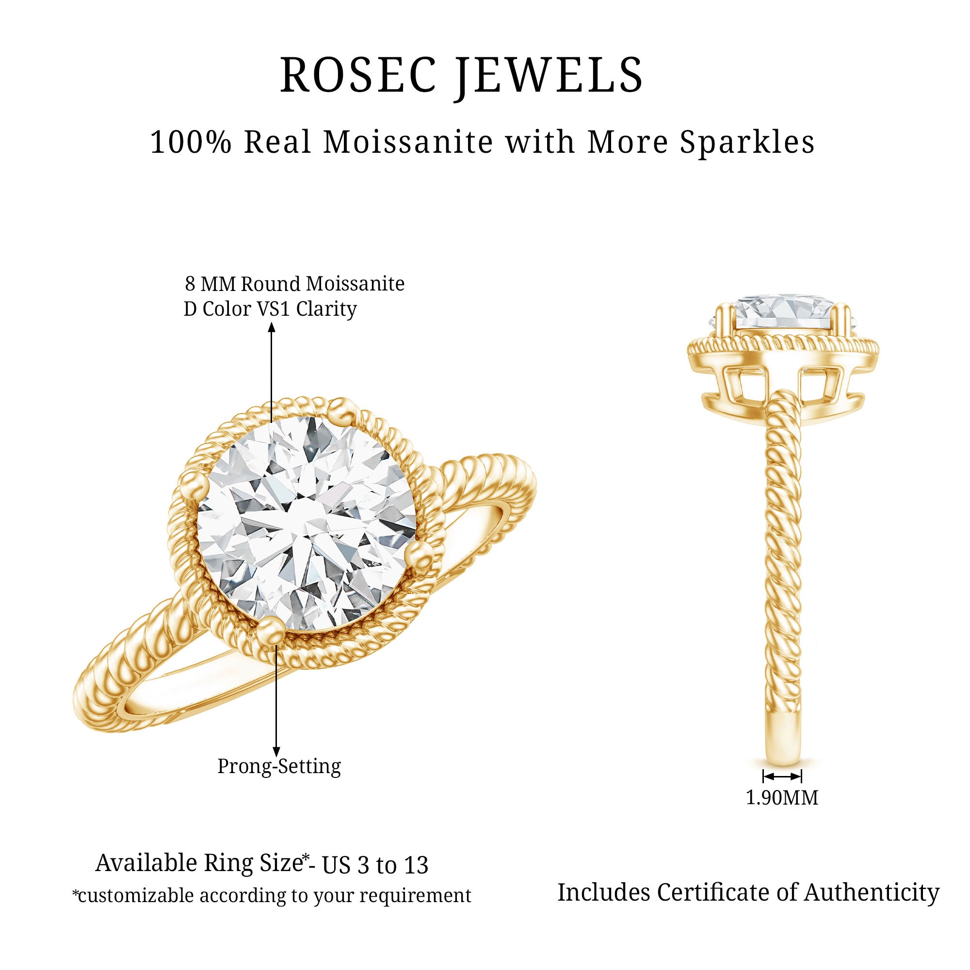 Brilliant Cut 8 MM Moissanite Rope Band Engagement Ring D-VS1 - Rosec Jewels