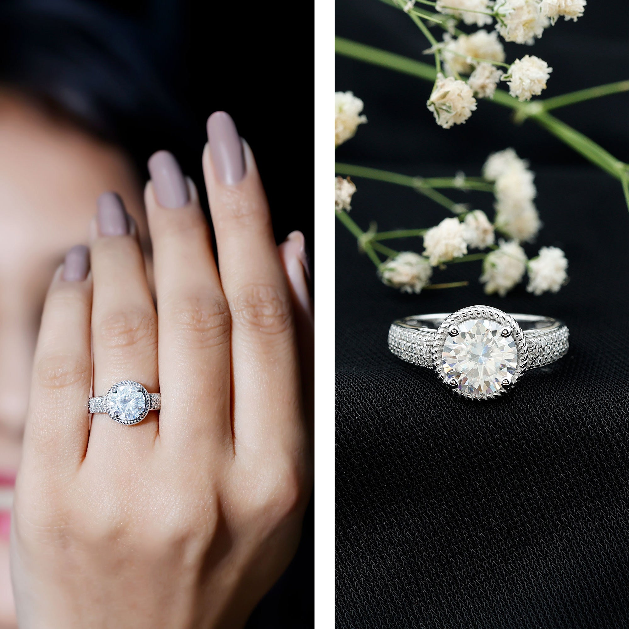 Rosec Jewels-2 Carat Moissanite Round Cut Engagement Ring With Side Stones