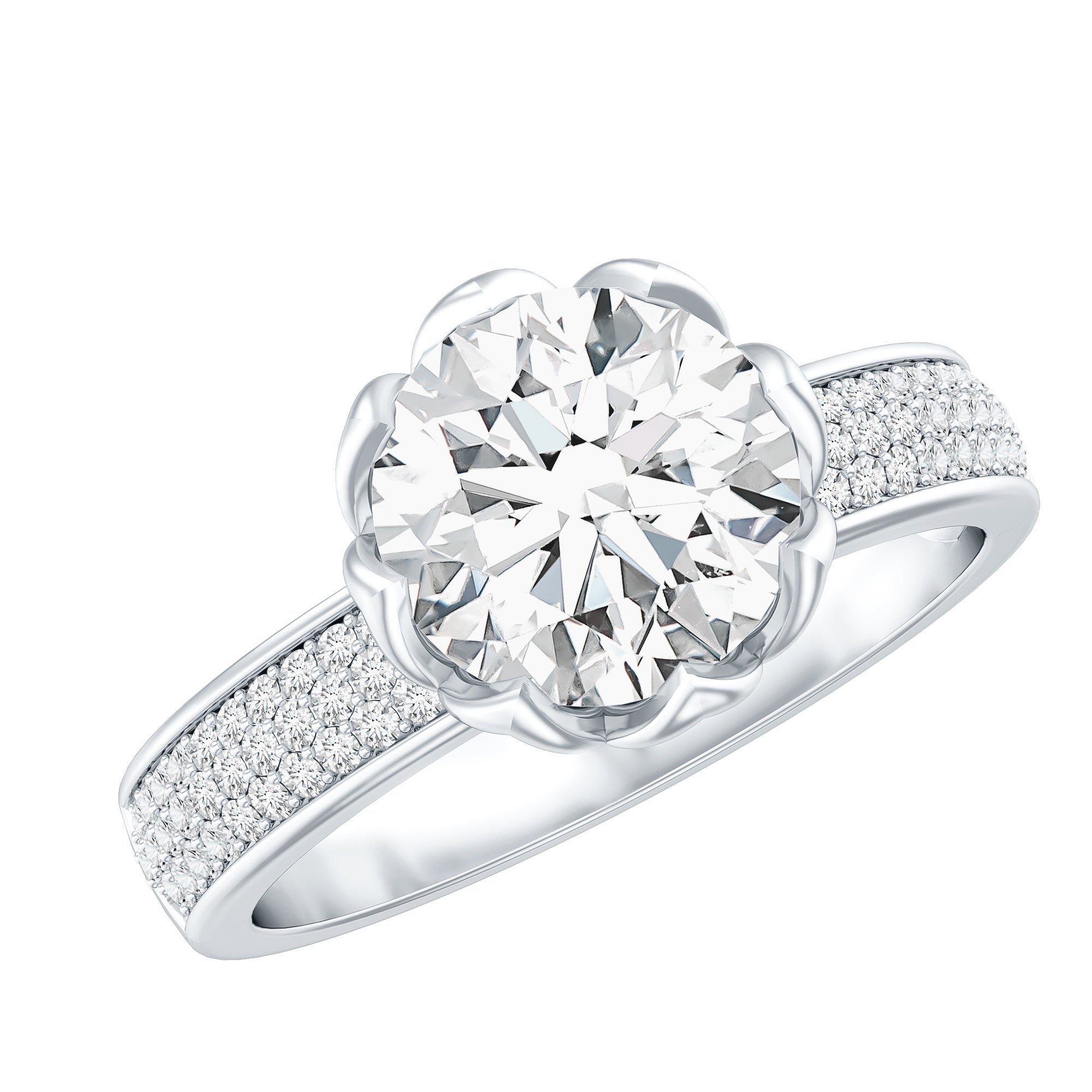 Lotus Basket Set Moissanite Engagement Ring with Side Stones D-VS1 - Rosec Jewels