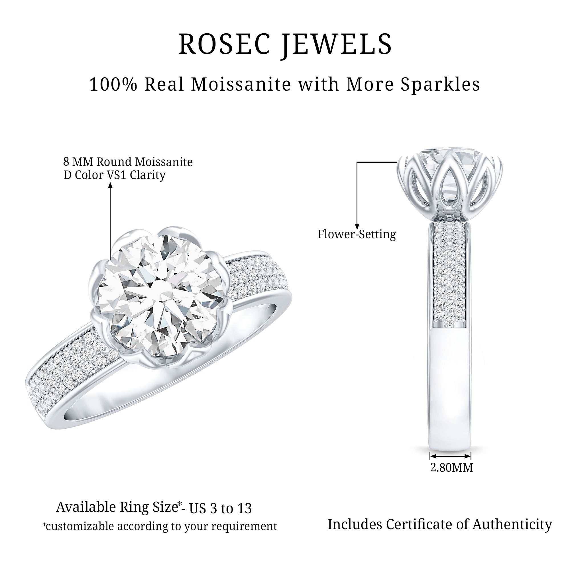 Lotus Basket Set Moissanite Engagement Ring with Side Stones D-VS1 - Rosec Jewels