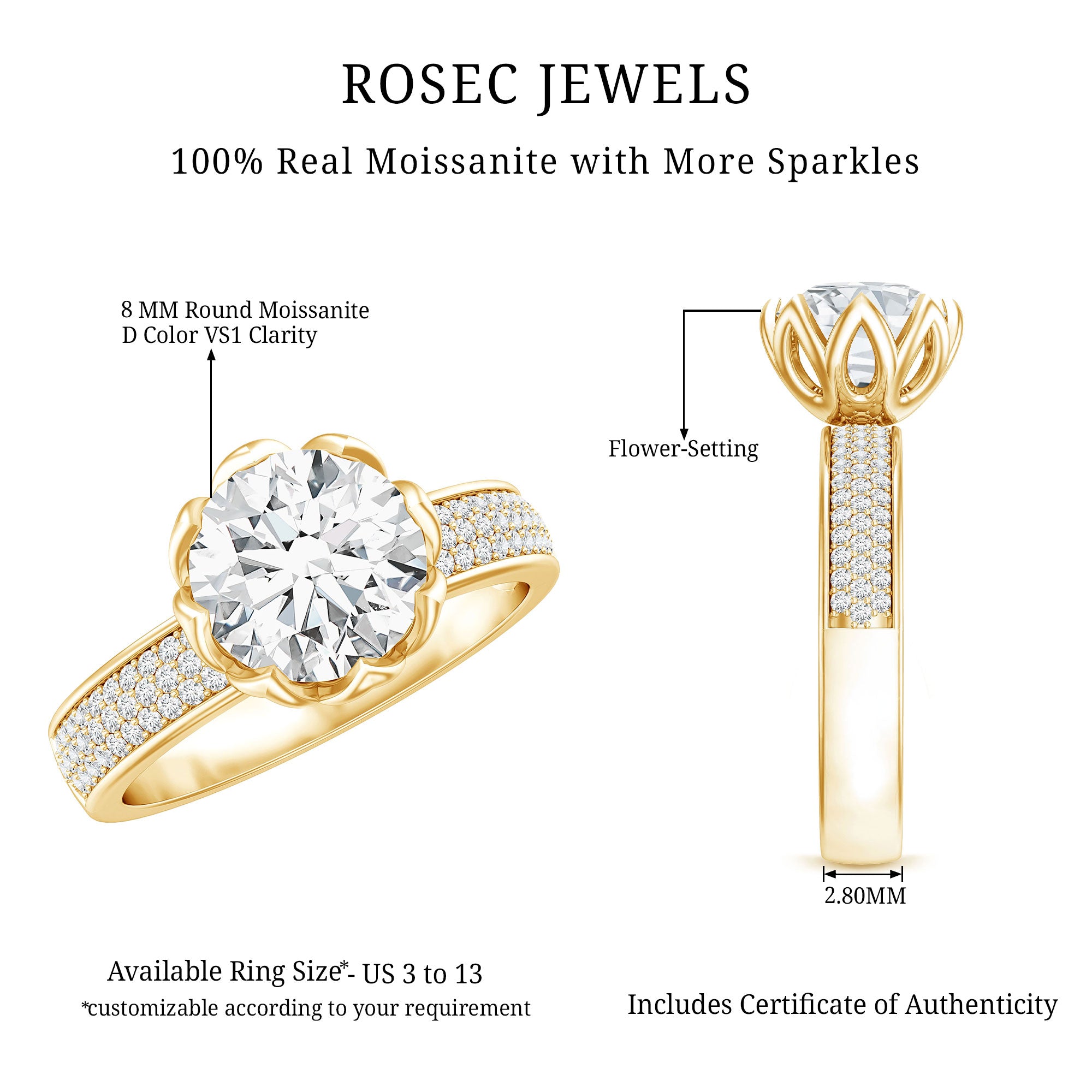 Lotus Basket Set Moissanite Engagement Ring with Side Stones D-VS1 - Rosec Jewels