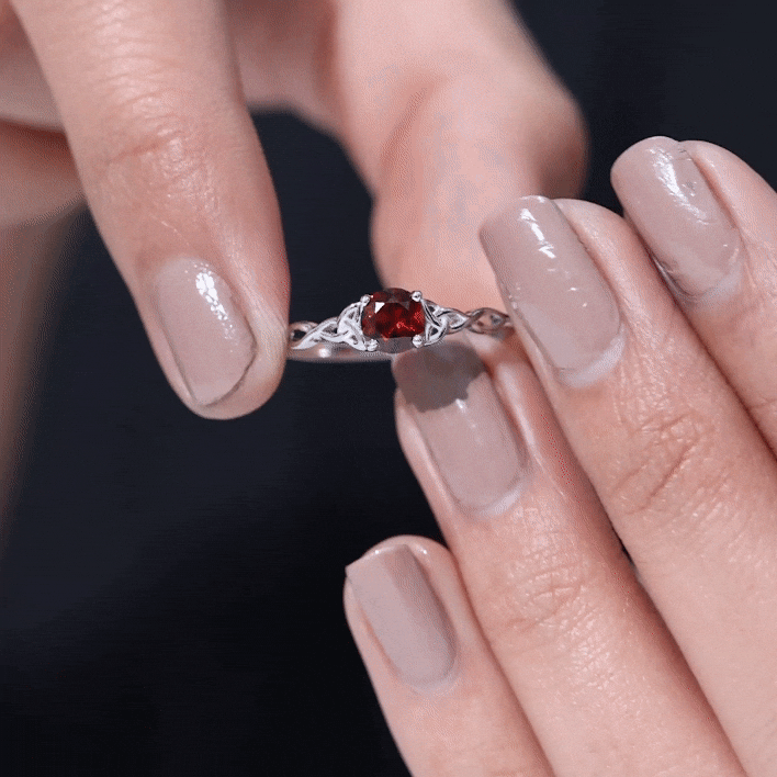Real 8mm Garnet Solitaire Engagement Ring with Celtic Knot AAA - Rosec Jewels