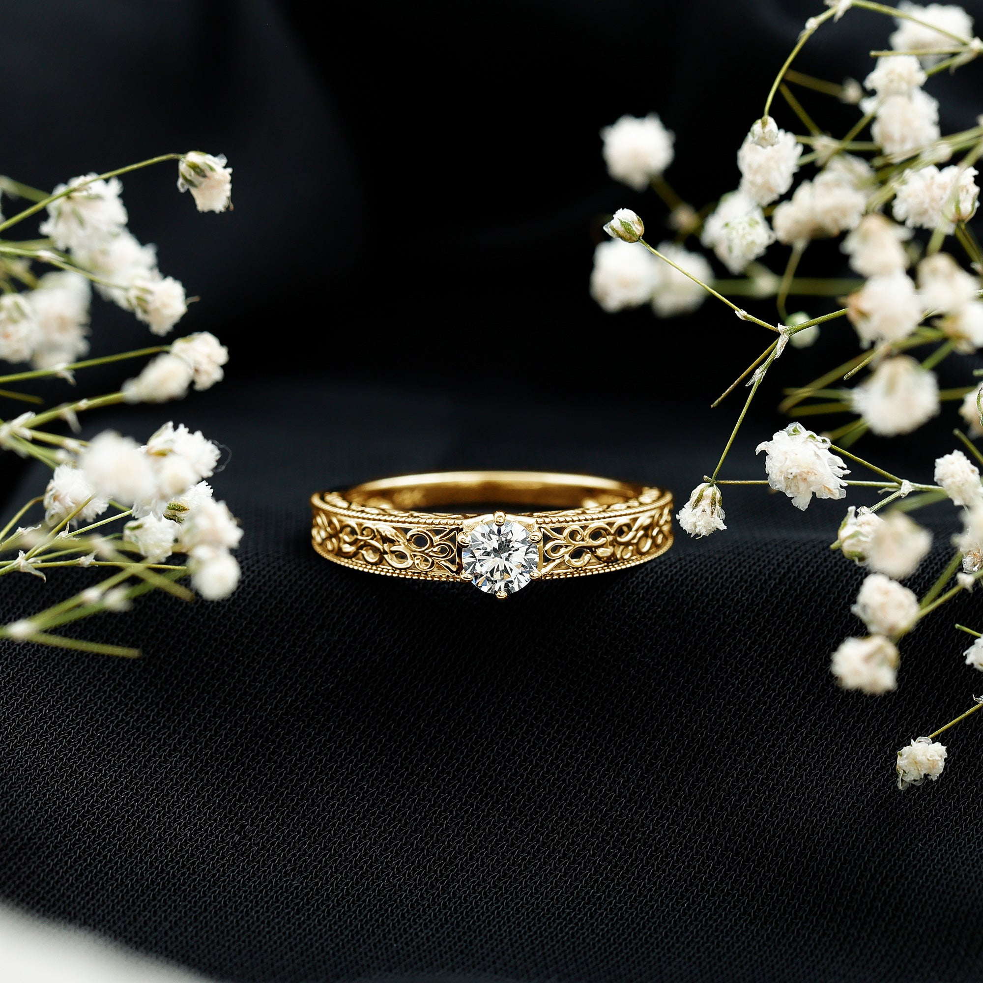Cubic Zirconia Solitaire Vintage Inspired Filigree Ring in Claw Setting AAAA - Rosec Jewels