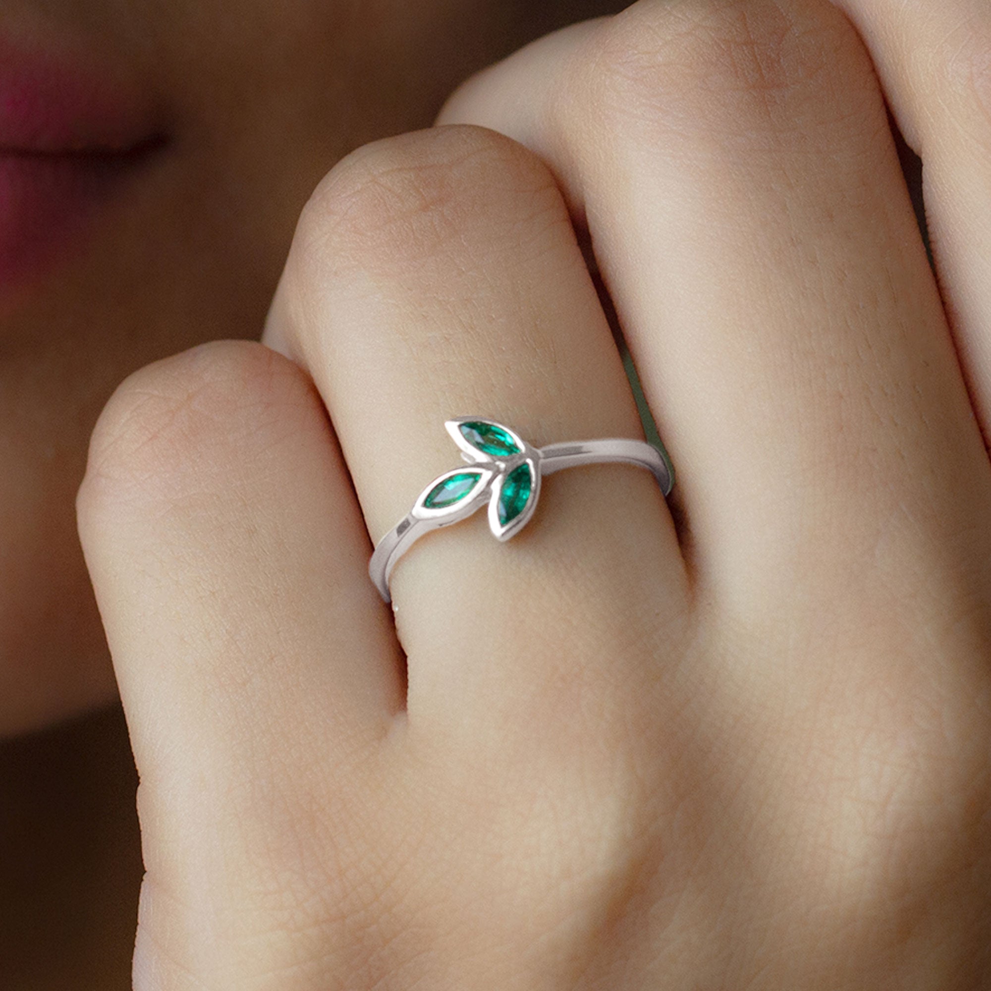 Rosec Jewels-Marquise Cut Emerald Leaf Promise Ring in Bezel Setting