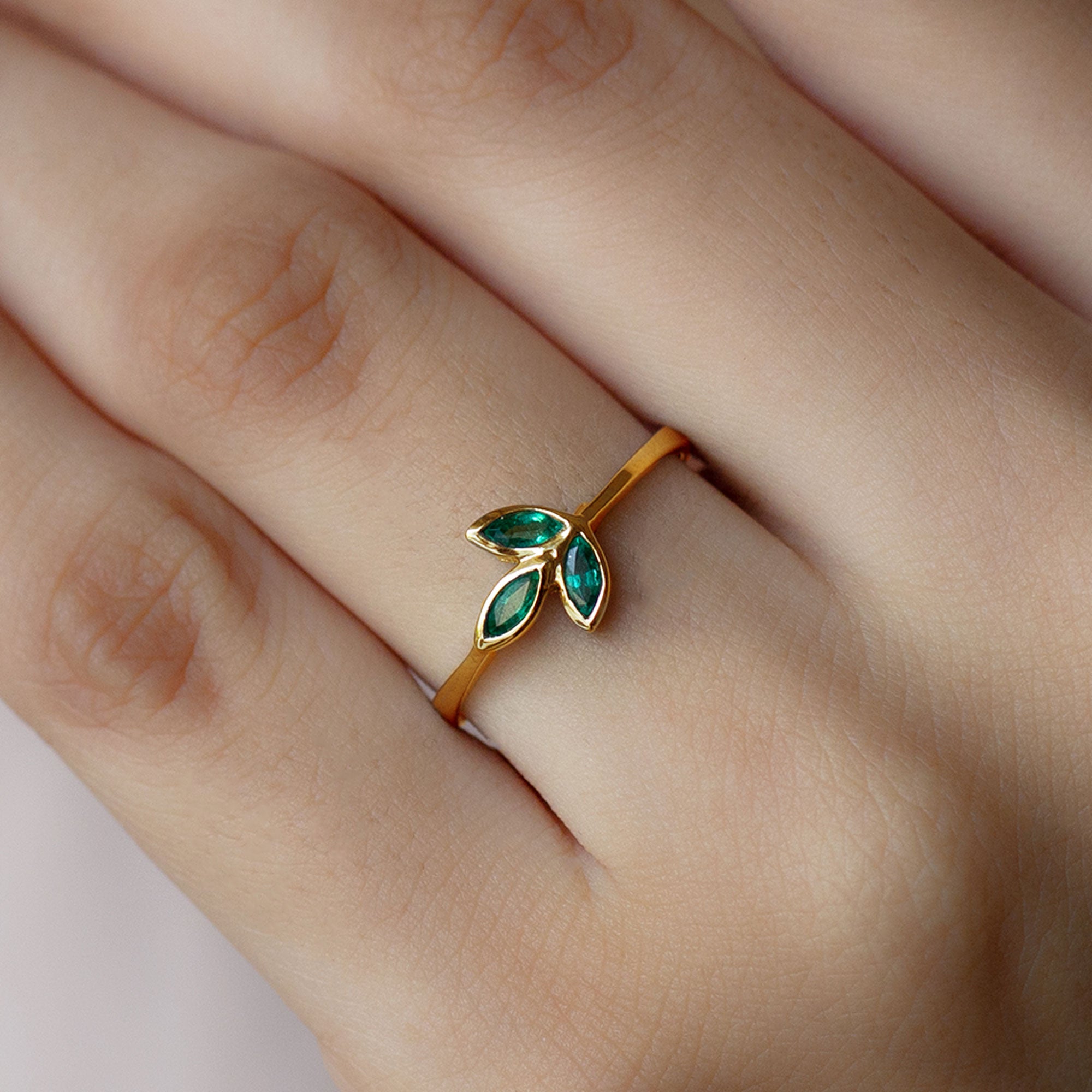 Rosec Jewels-Marquise Cut Emerald Leaf Promise Ring in Bezel Setting
