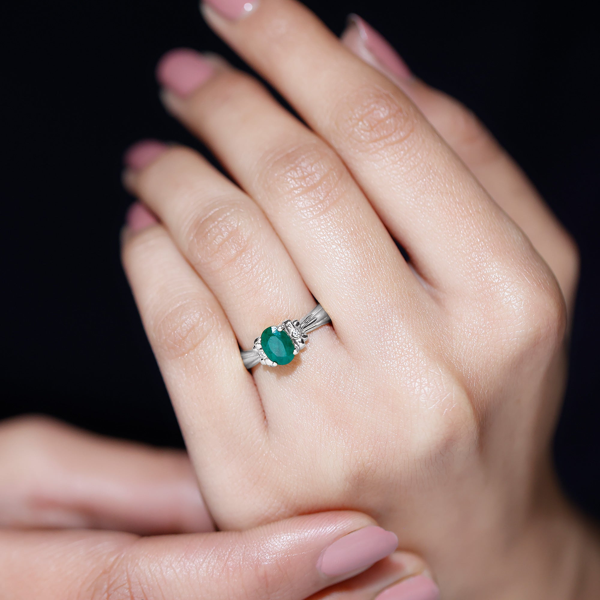 Rosec Jewels-Oval Cut Emerald Solitaire Engagement Ring with Bow Design