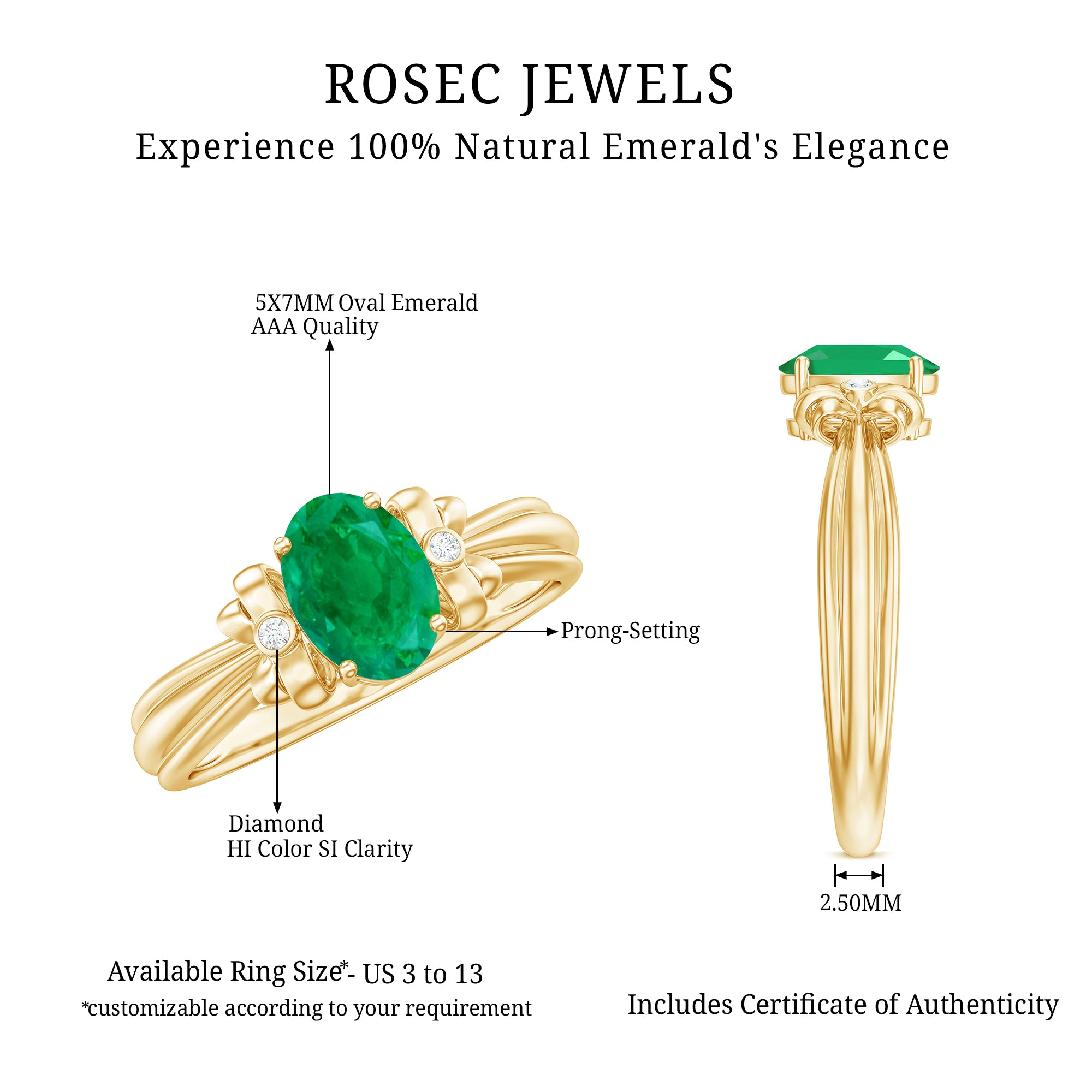 Rosec Jewels-Oval Cut Emerald Solitaire Engagement Ring with Bow Design