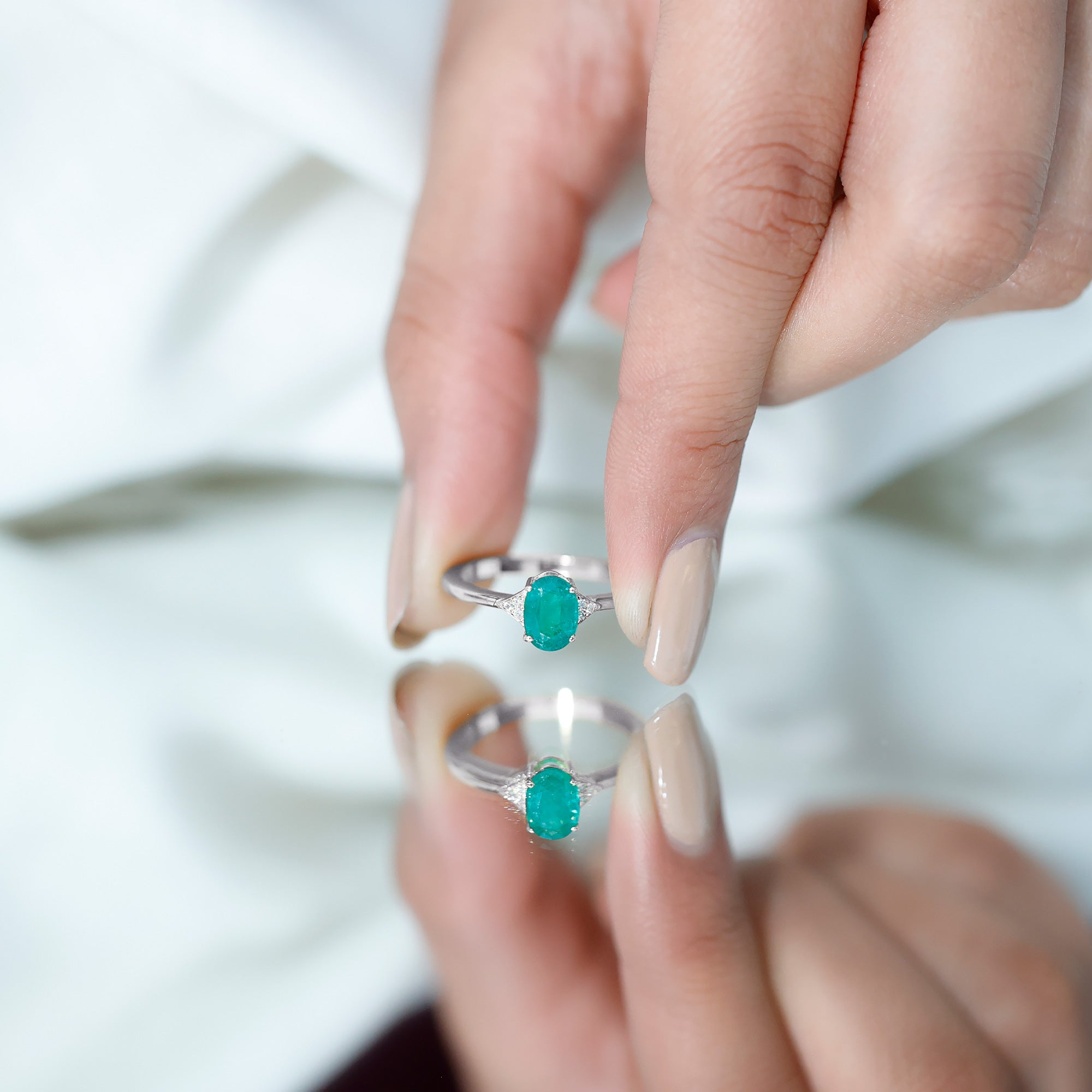 Rosec Jewels-Solitaire Oval Emerald Engagement Ring with Diamonds