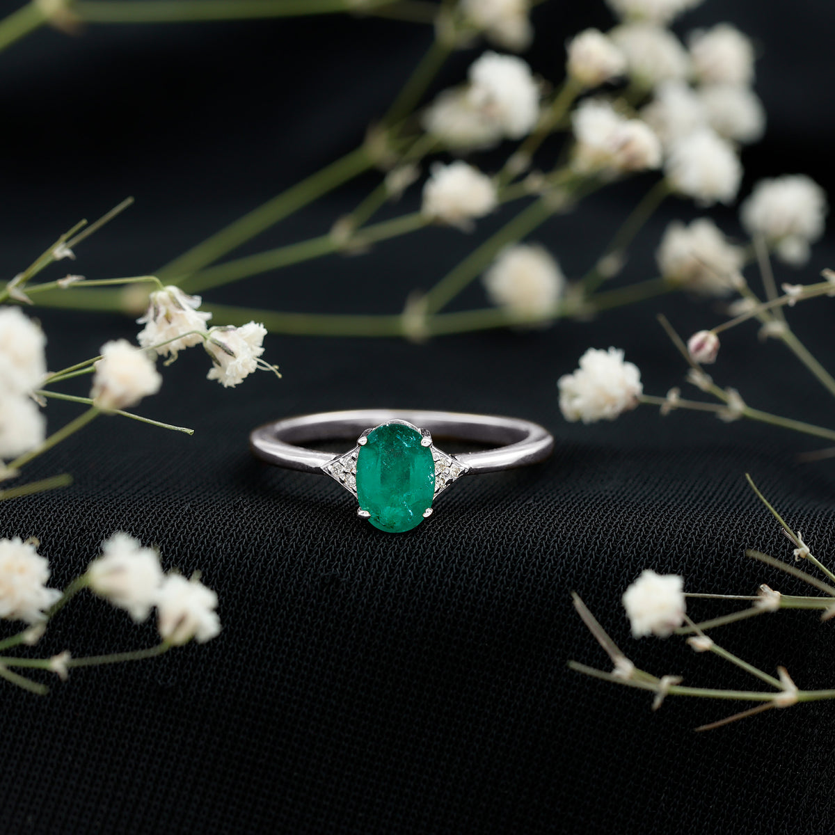 Solitaire Oval Emerald Engagement Ring with Diamonds AAA - Rosec Jewels