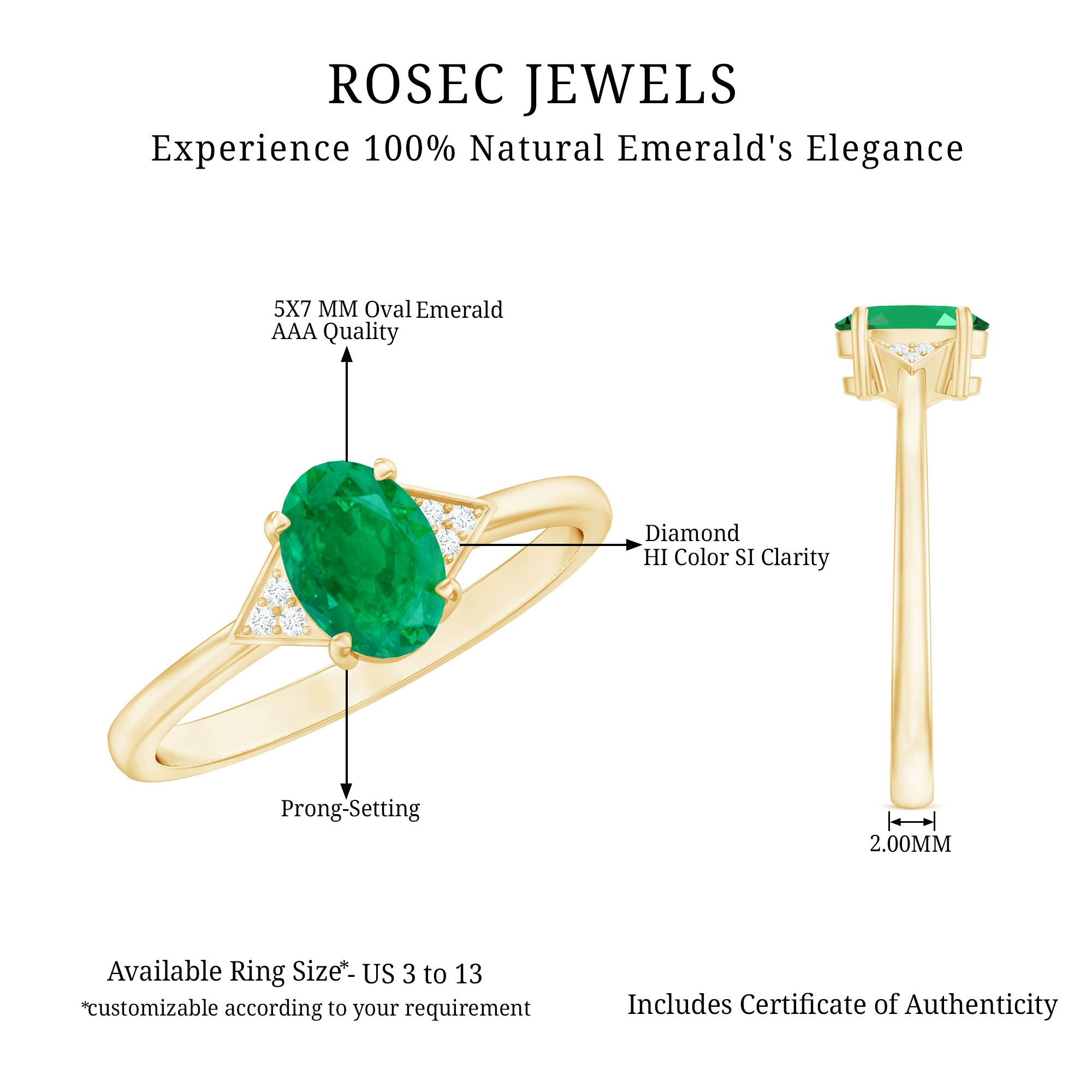Rosec Jewels-Solitaire Oval Emerald Engagement Ring with Diamonds