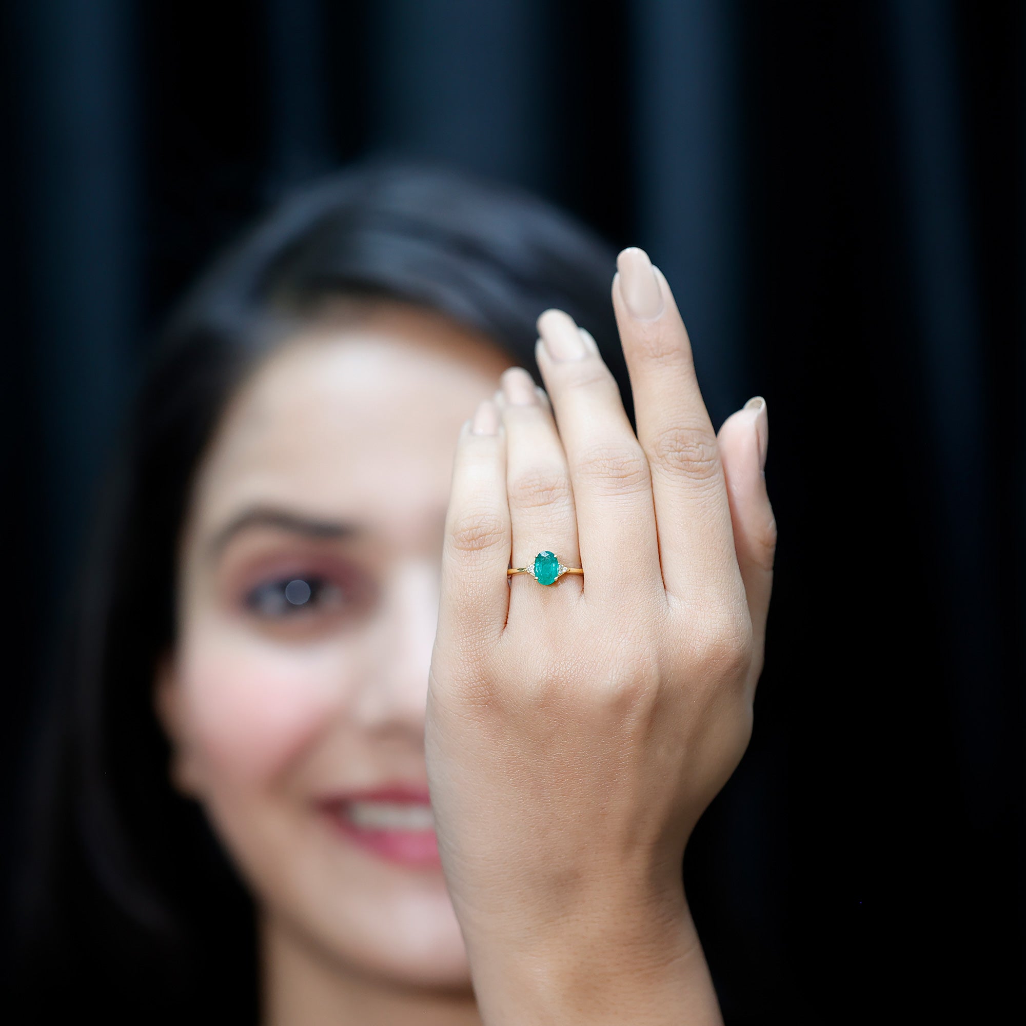Rosec Jewels-Solitaire Oval Emerald Engagement Ring with Diamonds