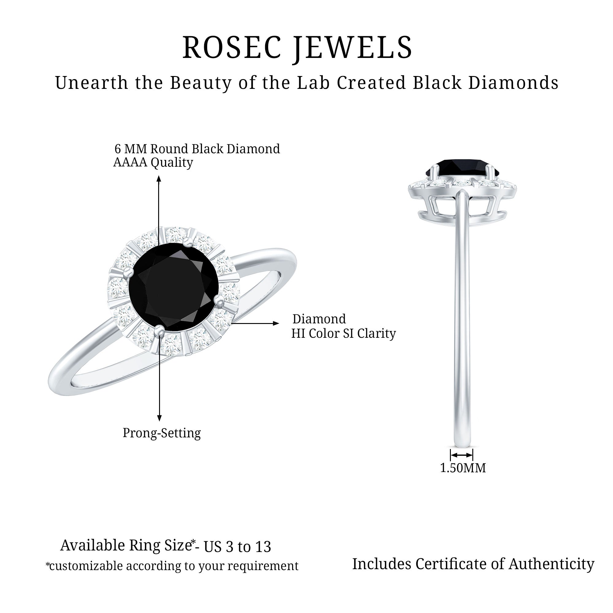 Rosec Jewels-1.75 CT Lab Created Black Diamond Promise Ring with Diamond Halo