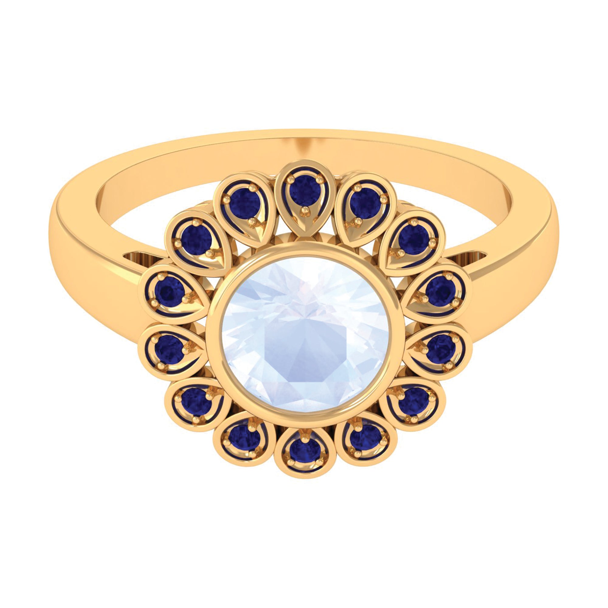 1.25 CT Bezel Set Moonstone Vintage Inspired Engagement Ring with Blue Sapphire AAA - Rosec Jewels