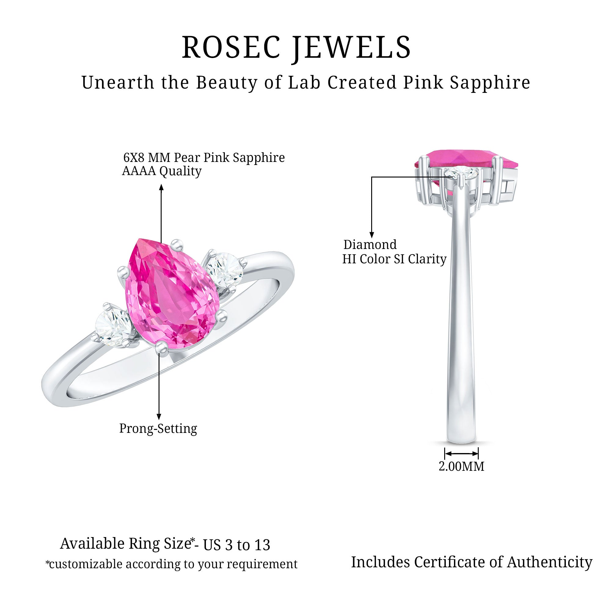 1 CT Lab Grown Pink Sapphire Teardrop Engagement Ring with Diamond AAAA - Rosec Jewels