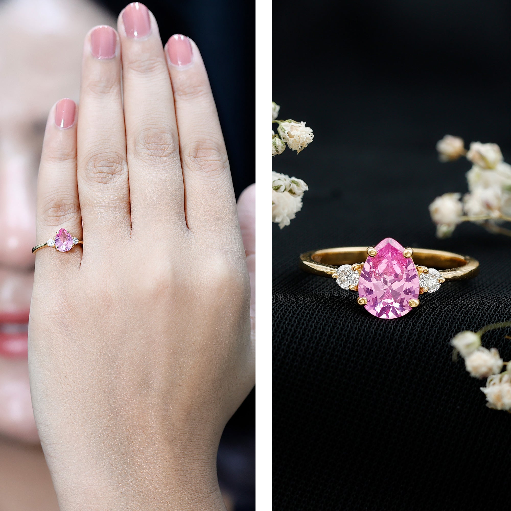 1 CT Lab Grown Pink Sapphire Teardrop Engagement Ring with Diamond AAAA - Rosec Jewels