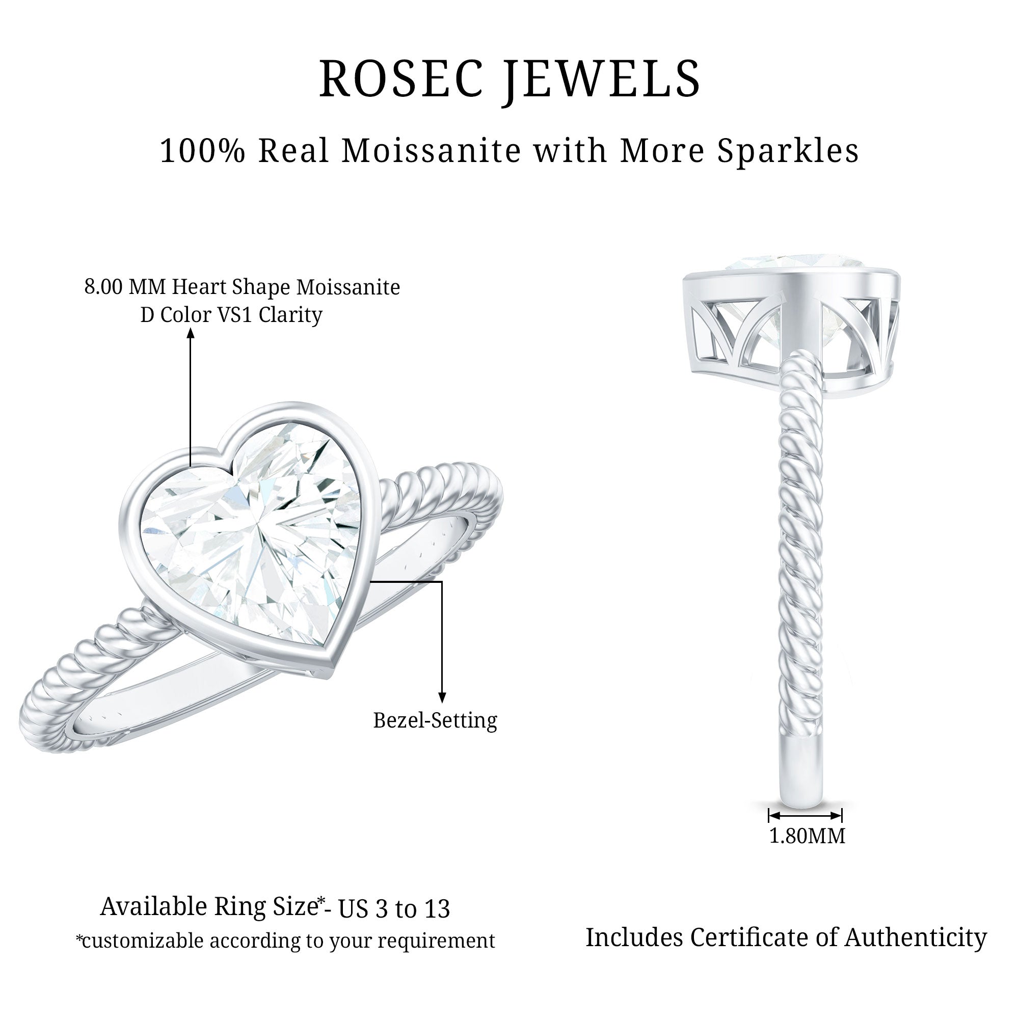 Bezel Set Moissanite Heart Engagement Ring with Twisted Rope Band D-VS1 - Rosec Jewels