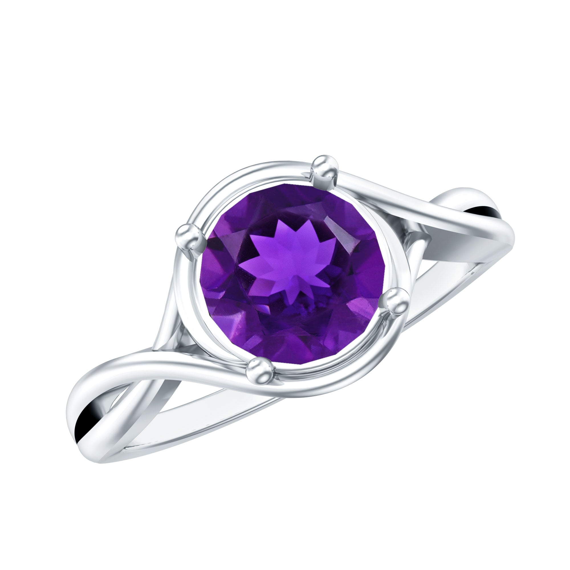 5 MM Round Shape Amethyst Solitaire Ring in Four Prong Setting with Crossover Shank