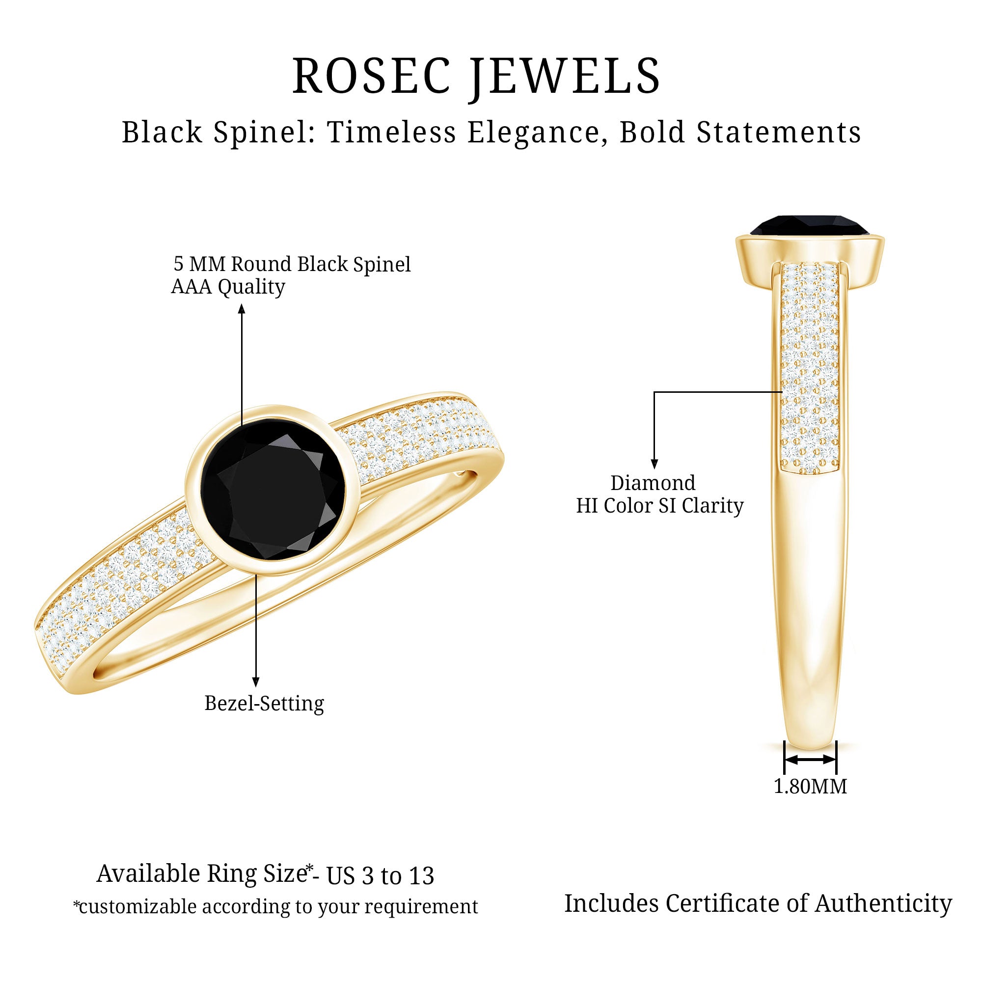 Natural Black Spinel Bezel Set Engagement Ring with Diamond Side Stones AAA - Rosec Jewels