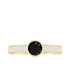 Natural Black Spinel Bezel Set Engagement Ring with Diamond Side Stones AAA - Rosec Jewels