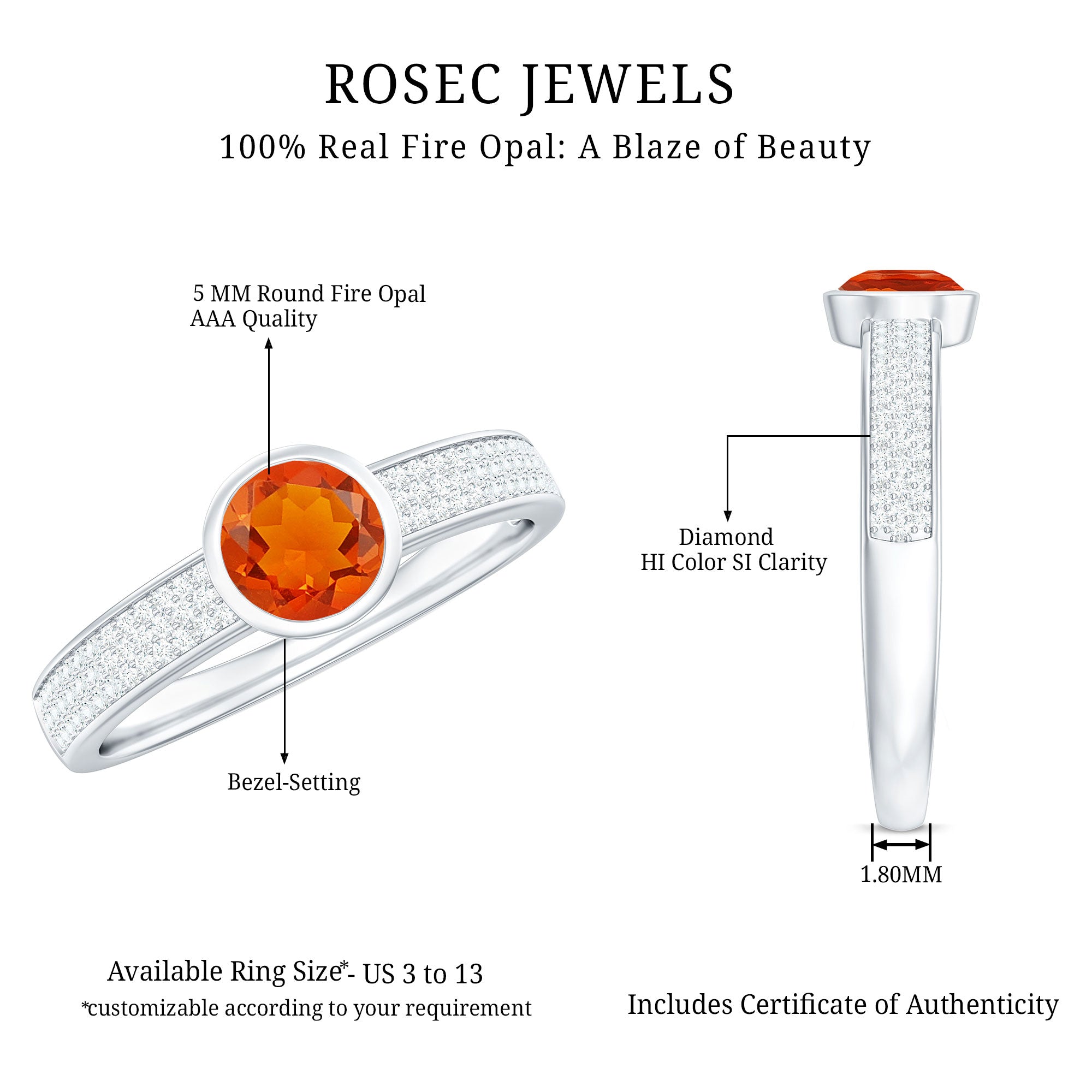 3/4 CT Round Shape Fire Opal Engagement Ring with Diamond AAA - Rosec Jewels