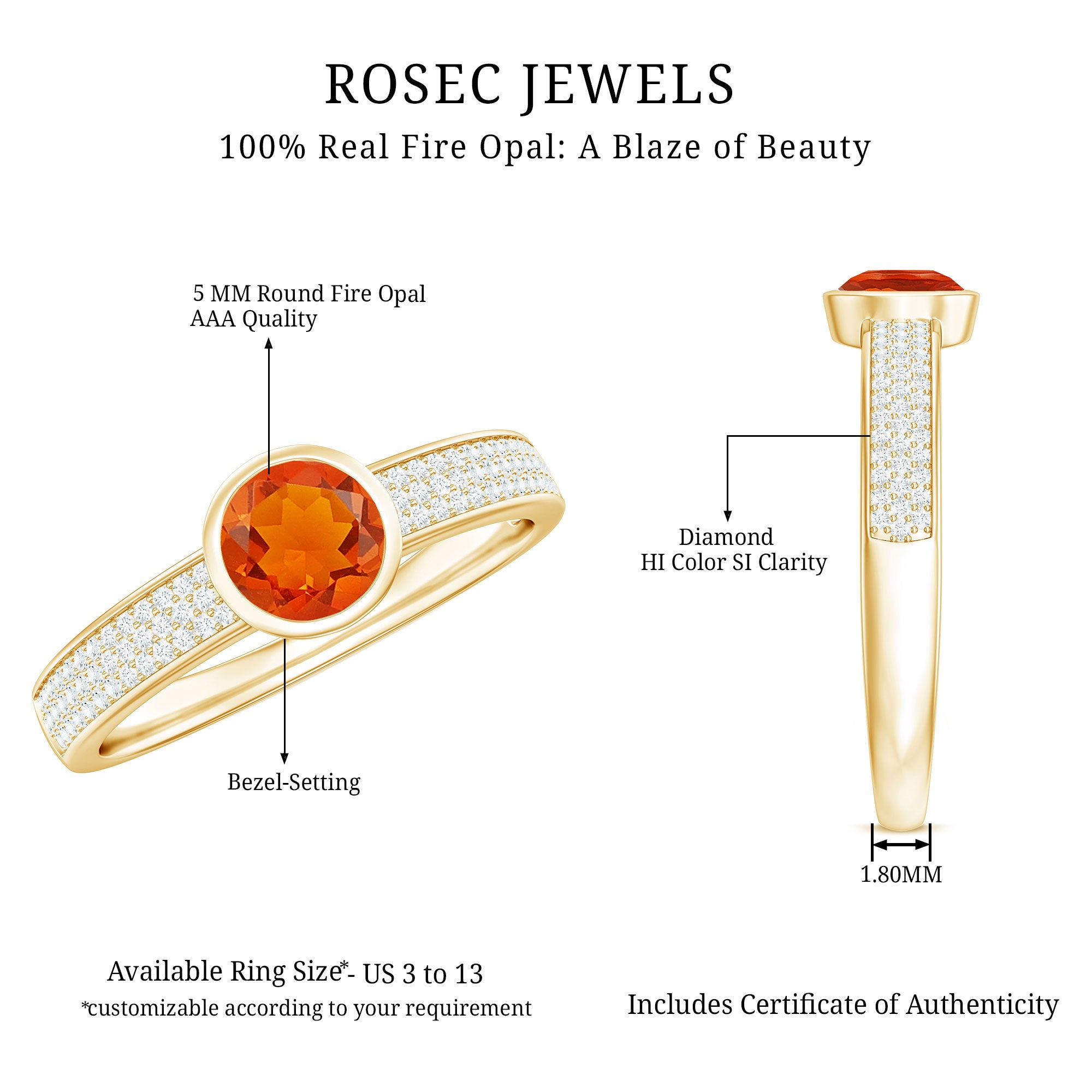 3/4 CT Round Shape Fire Opal Engagement Ring with Diamond AAA - Rosec Jewels