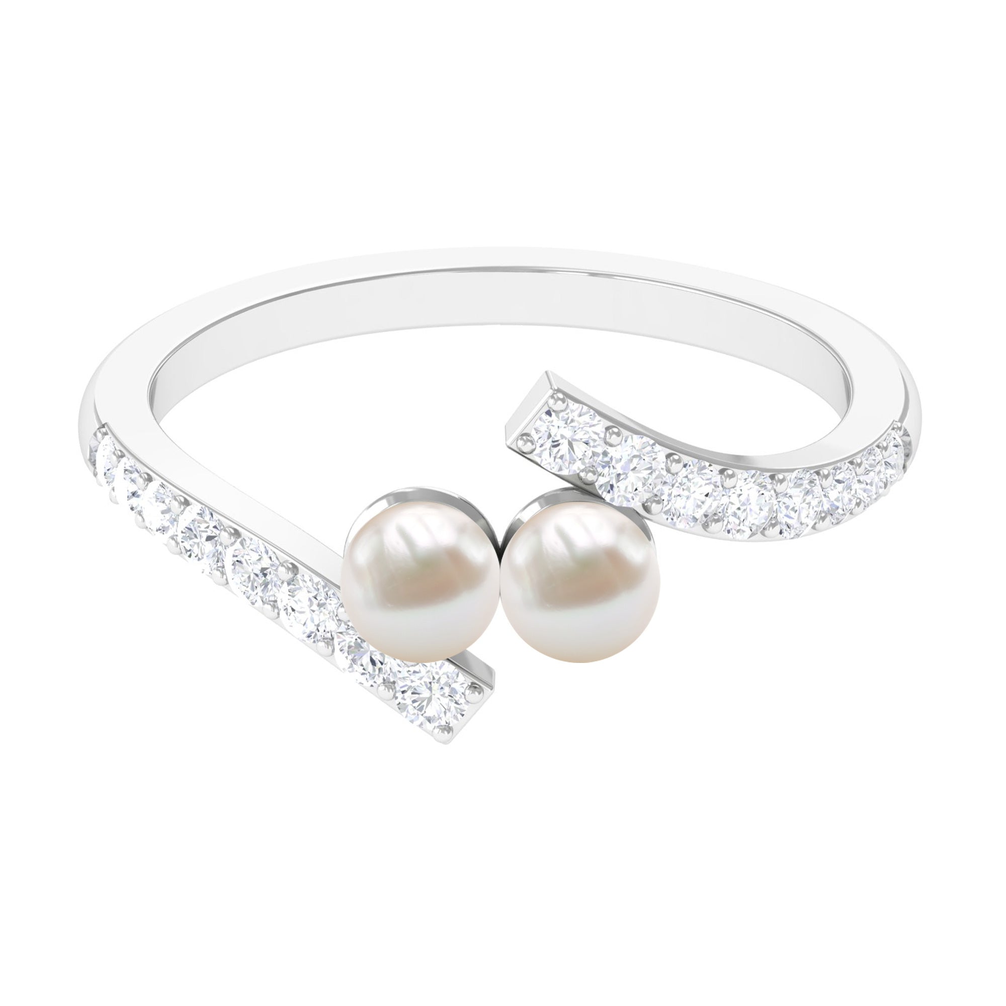 Rosec Jewels-Freshwater Pearl 2 Stone Engagement Ring Diamond Bypass Shank