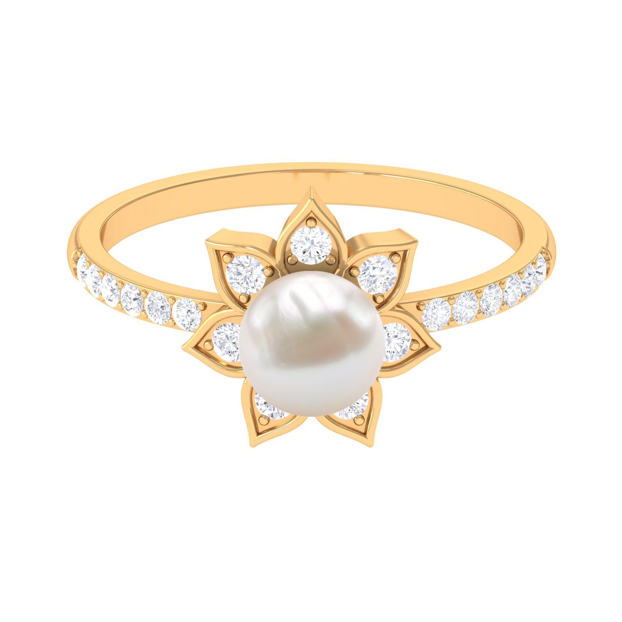 Freshwater Pearl Solitaire Floral Engagement Ring with Diamond AAA - Rosec Jewels