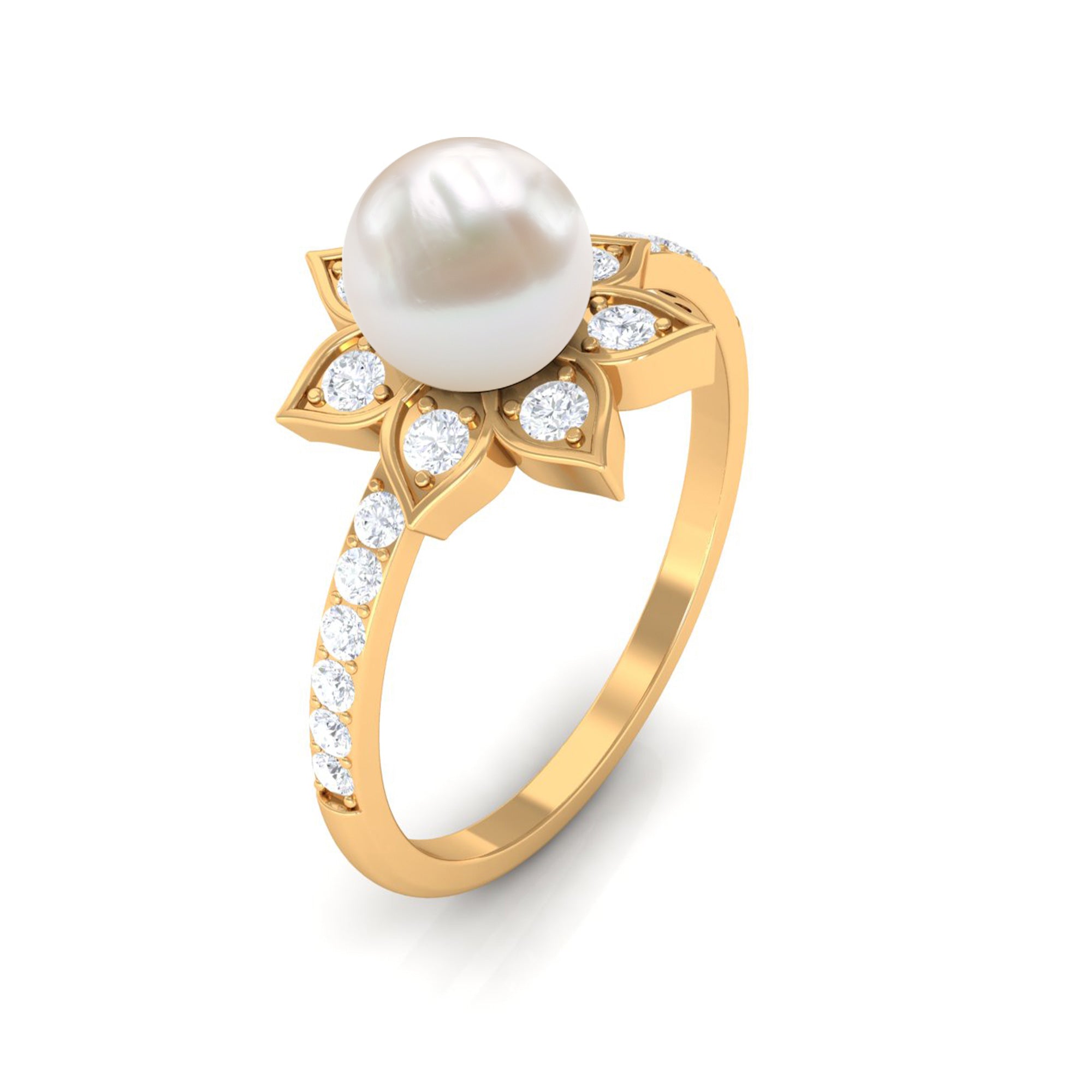 Freshwater Pearl Solitaire Floral Engagement Ring with Diamond AAA - Rosec Jewels