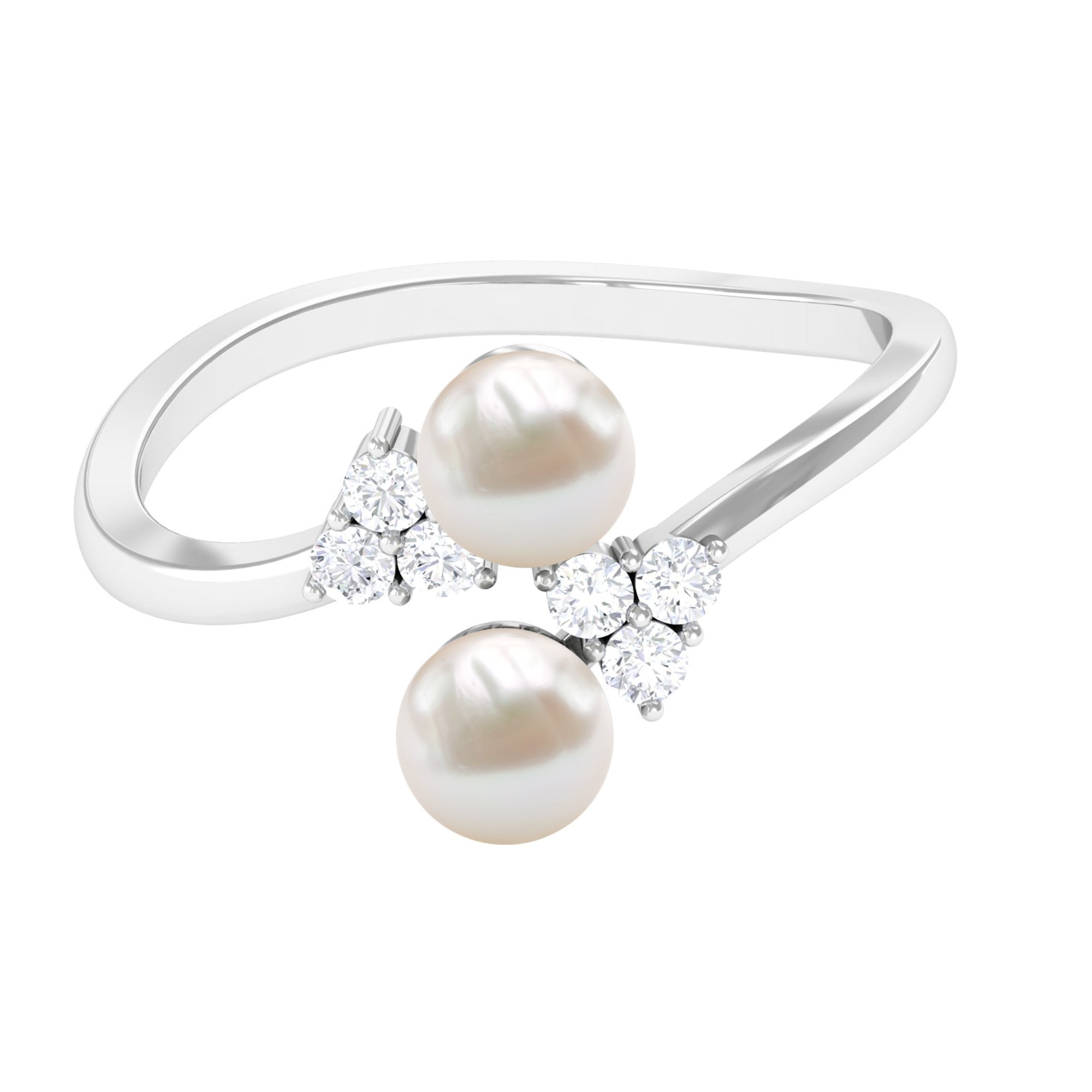 Rosec Jewels-Real Freshwater Pearl 2 Stone Engagement Ring with Diamond